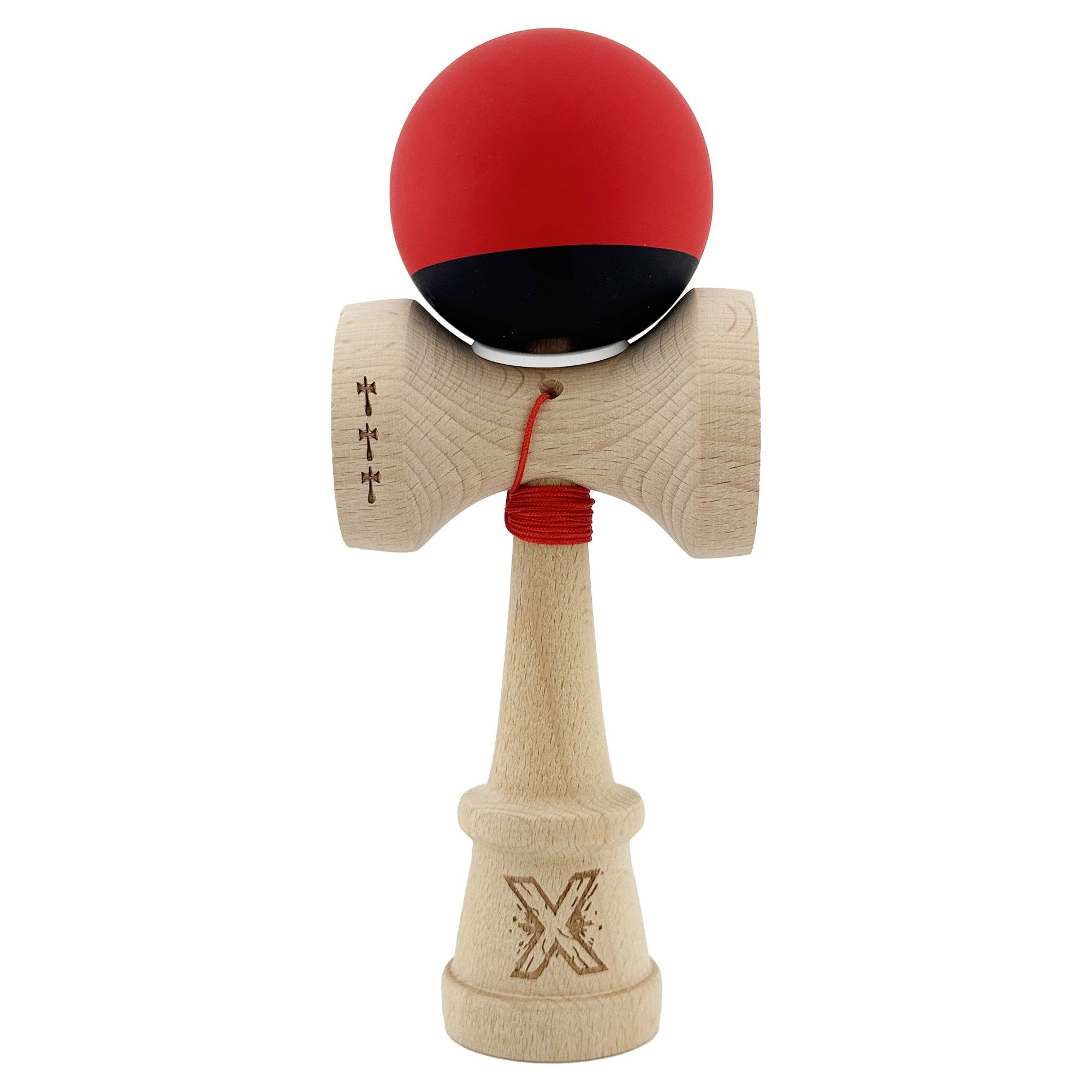 Kendama Rubber Grip V3 Cupe Mari - Kendama X Originala, Profesionala, Flippy, Cupe Mari KING SIZE V3, Rubber Grip, Gaura in Baza, Rulment Metalic, din lemn 18 cm, Ata 62/65 cm, Bicolor Rosu/Negru