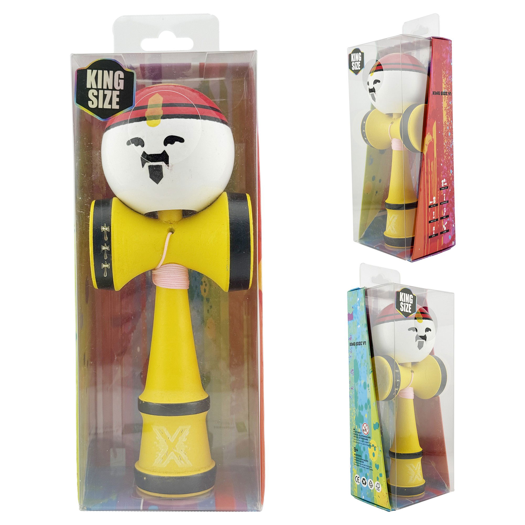 Kendama X Originala, Profesionala, Flippy, Big Cups V2, Model Rege Super Sticky Legendary Cupe Mari, Rulment Metalic cu Ata 55 cm, Maner Galben [10]