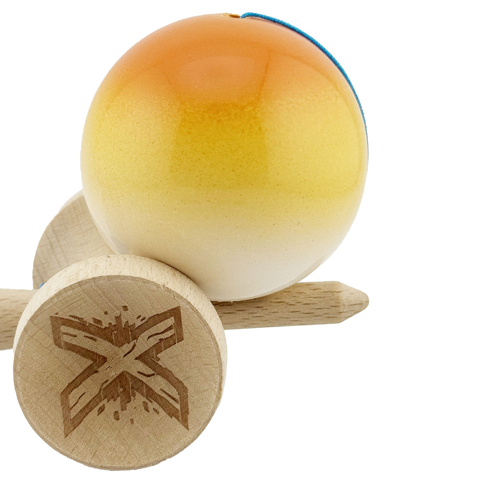 Kendama X Originala, Profesionala, Flippy, Big Cups V2, Super Sticky cu Cupe Mari, din lemn 18 cm, Rulment Metalic cu Ata 55 cm, Portocaliu/Galben/Alb [7]