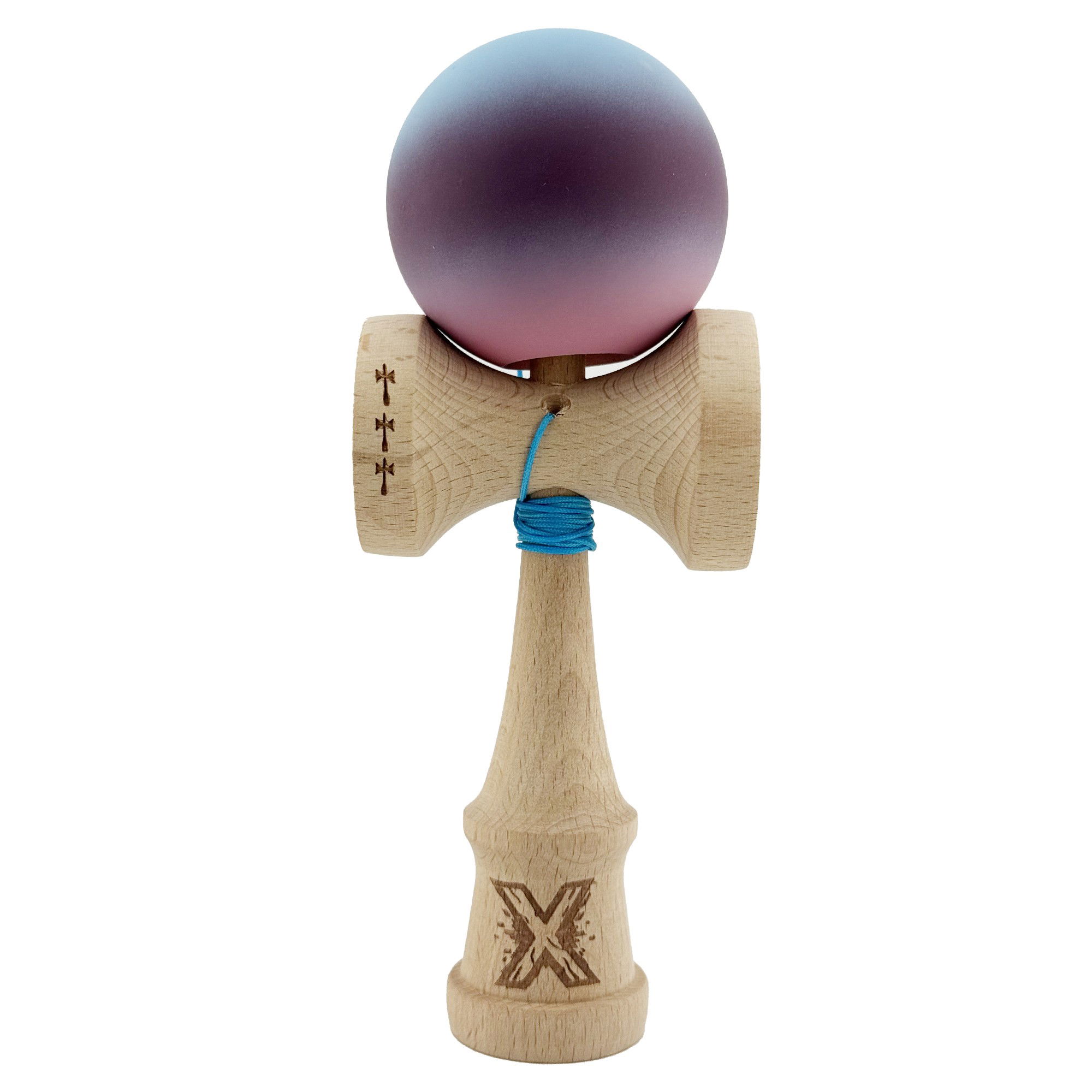 Kendama Rubber Grip V2 Cupe Mari - Kendama X Originala, Profesionala, Flippy, Big Cups V2, Rubber Grip cu Cupe Mari, Rulment Metalic cu Ata 55 cm, Gradient Albastru/Mov/Roz
