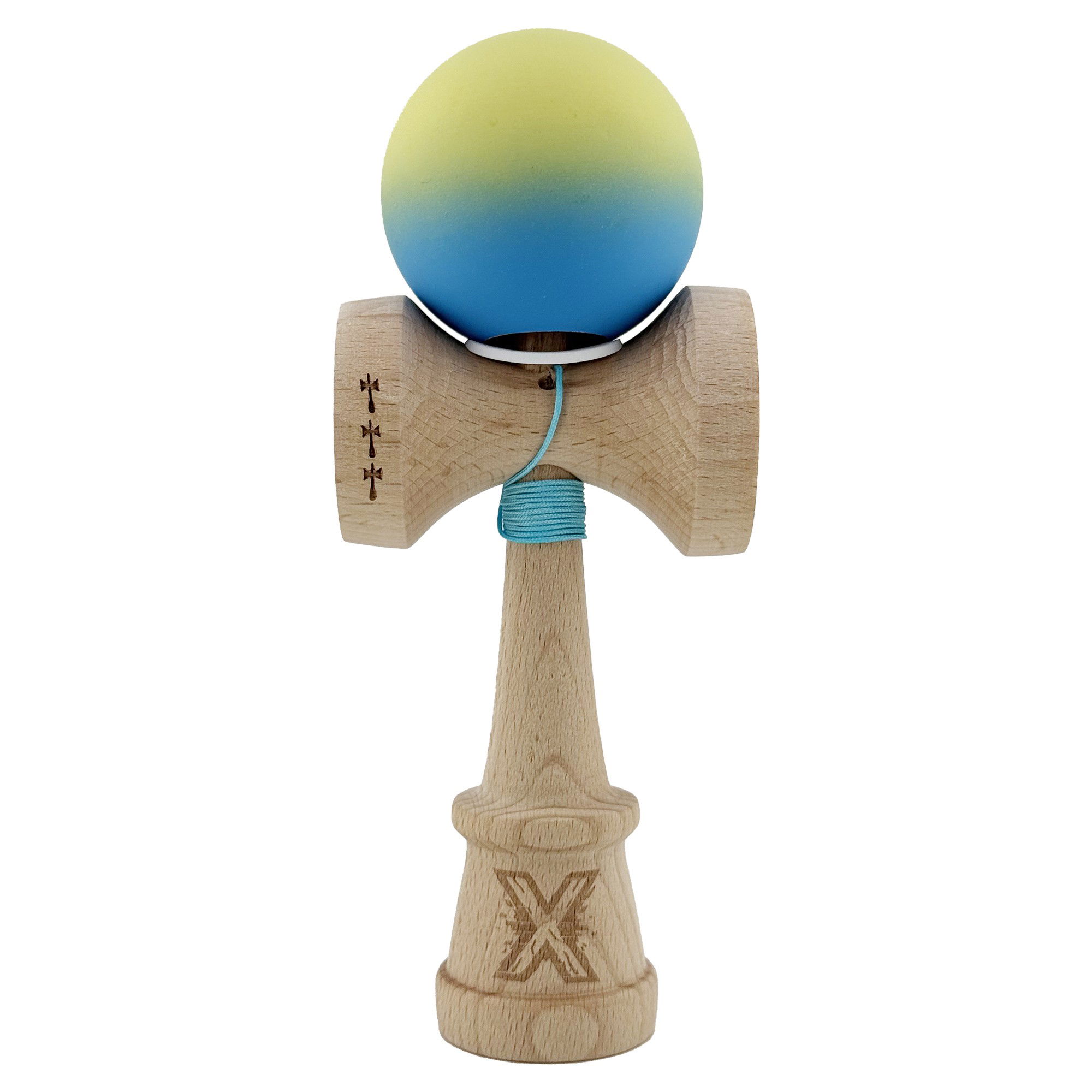 Kendama Rubber Grip V3 Cupe Mari - Kendama X Originala, Profesionala, Flippy, Cupe Mari KING SIZE V3, Rubber Grip, Gaura in Baza, Rulment Metalic, din lemn 18 cm, Ata 62/65 cm, Gradient Galben/Albastru deschis