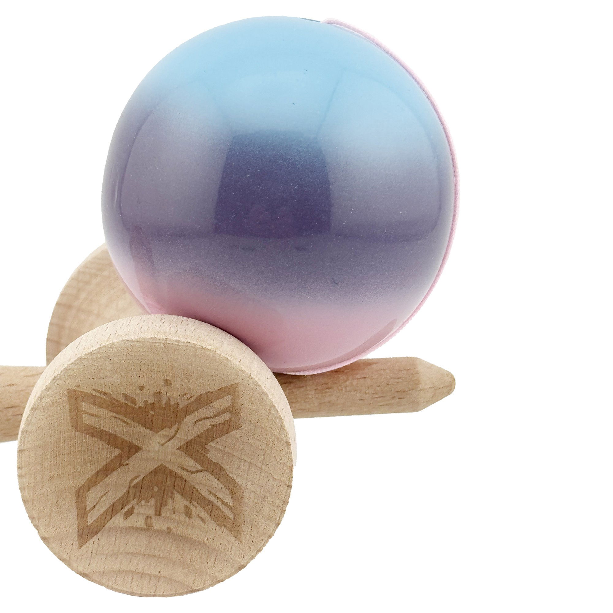 Kendama X Originala, Profesionala, Flippy, Big Cups V2, Super Sticky cu Cupe Mari, din lemn 18 cm, Rulment Metalic cu Ata 55 cm, Albastru/Mov/Roz [7]
