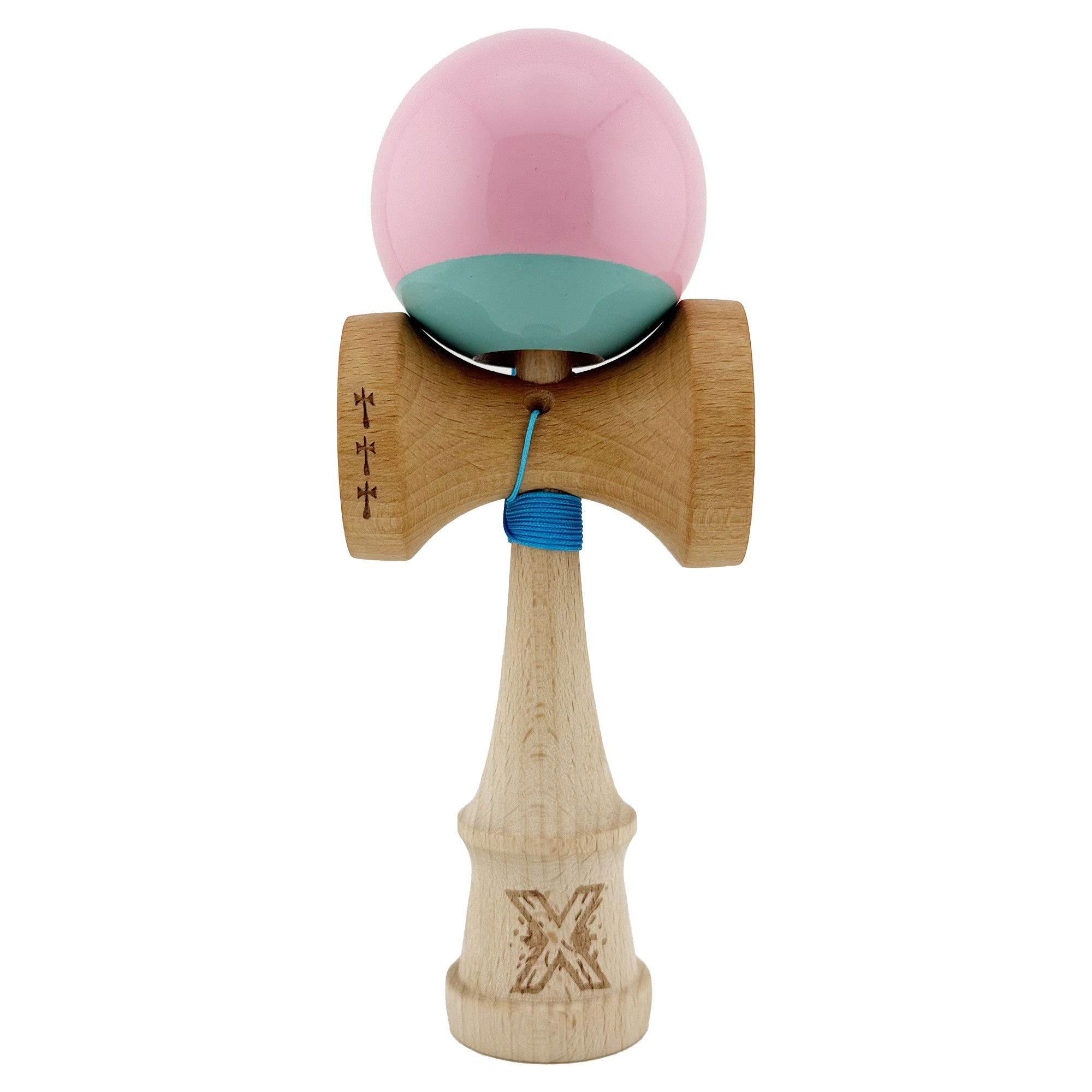 Kendama Super Sticky V2 Cupe Mari - Kendama X Originala, Profesionala, Flippy, Big Cups V2, Super Sticky cu Cupe Mari, Rulment Metalic, din lemn 18 cm, Ata 55 cm, Roz/Verde