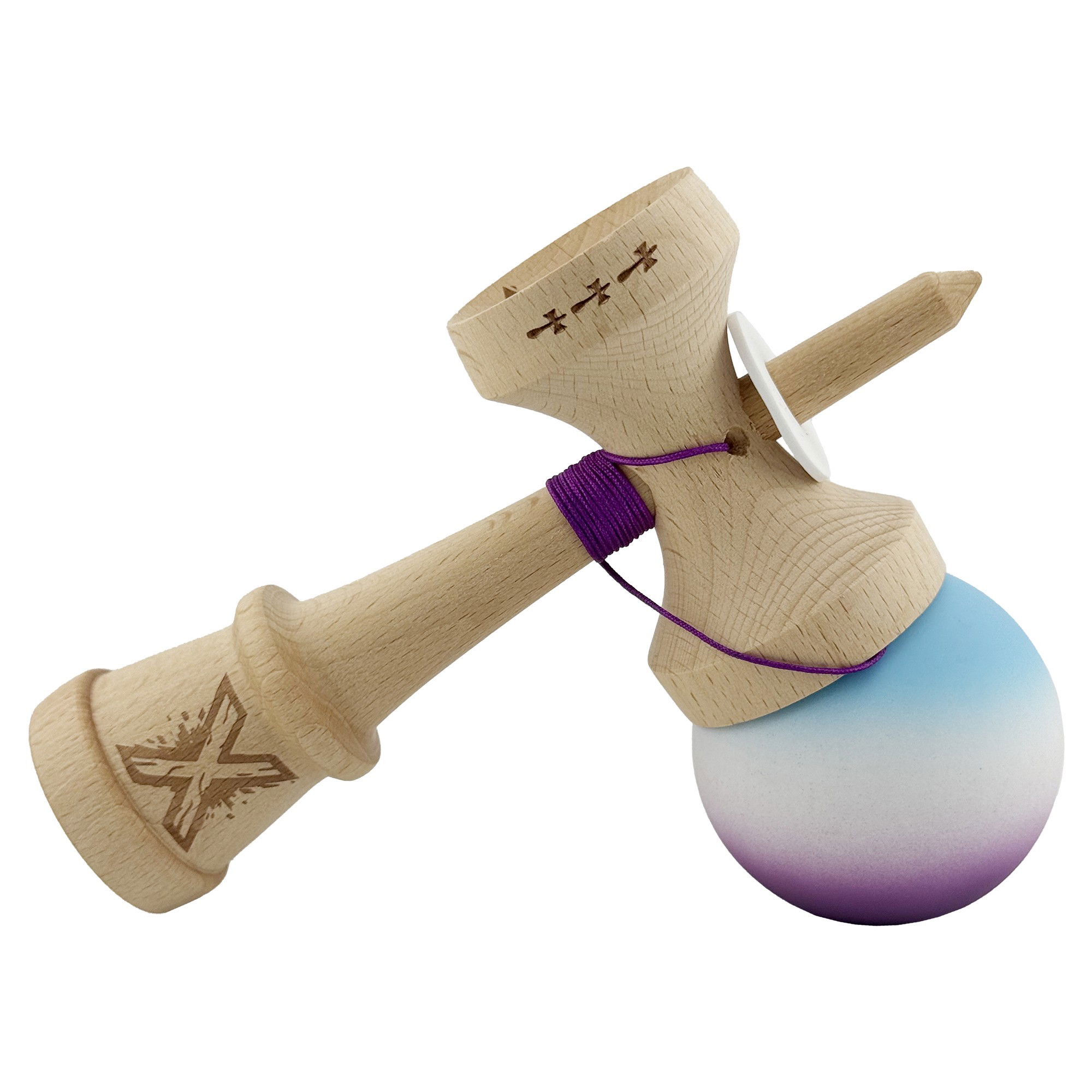 Kendama X Originala, Profesionala, Flippy, Cupe Mari KING SIZE V3, Rubber Grip, Gaura in Baza, Rulment Metalic, din lemn 18 cm, Ata 62/65 cm, Gradient Albastru deschis/Alb/Mov [5]
