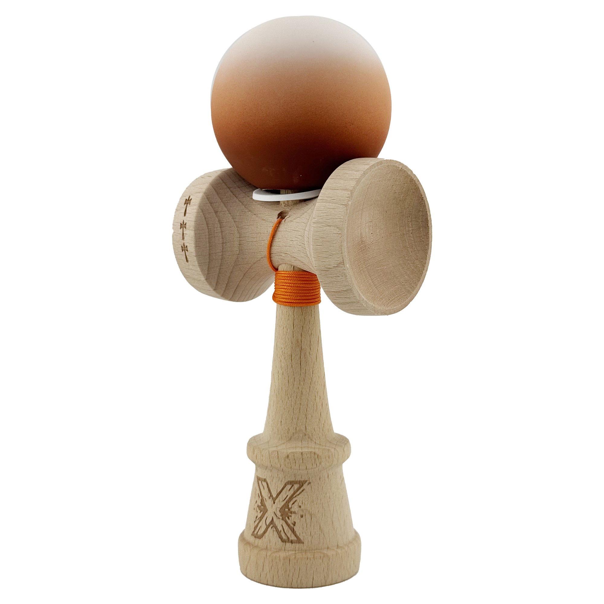 Kendama X Originala, Profesionala, Flippy, Cupe Mari KING SIZE V3, Rubber Grip, Gaura in Baza, Rulment Metalic, din lemn 18 cm, Ata 62/65 cm, Gradient Alb/Maro [3]