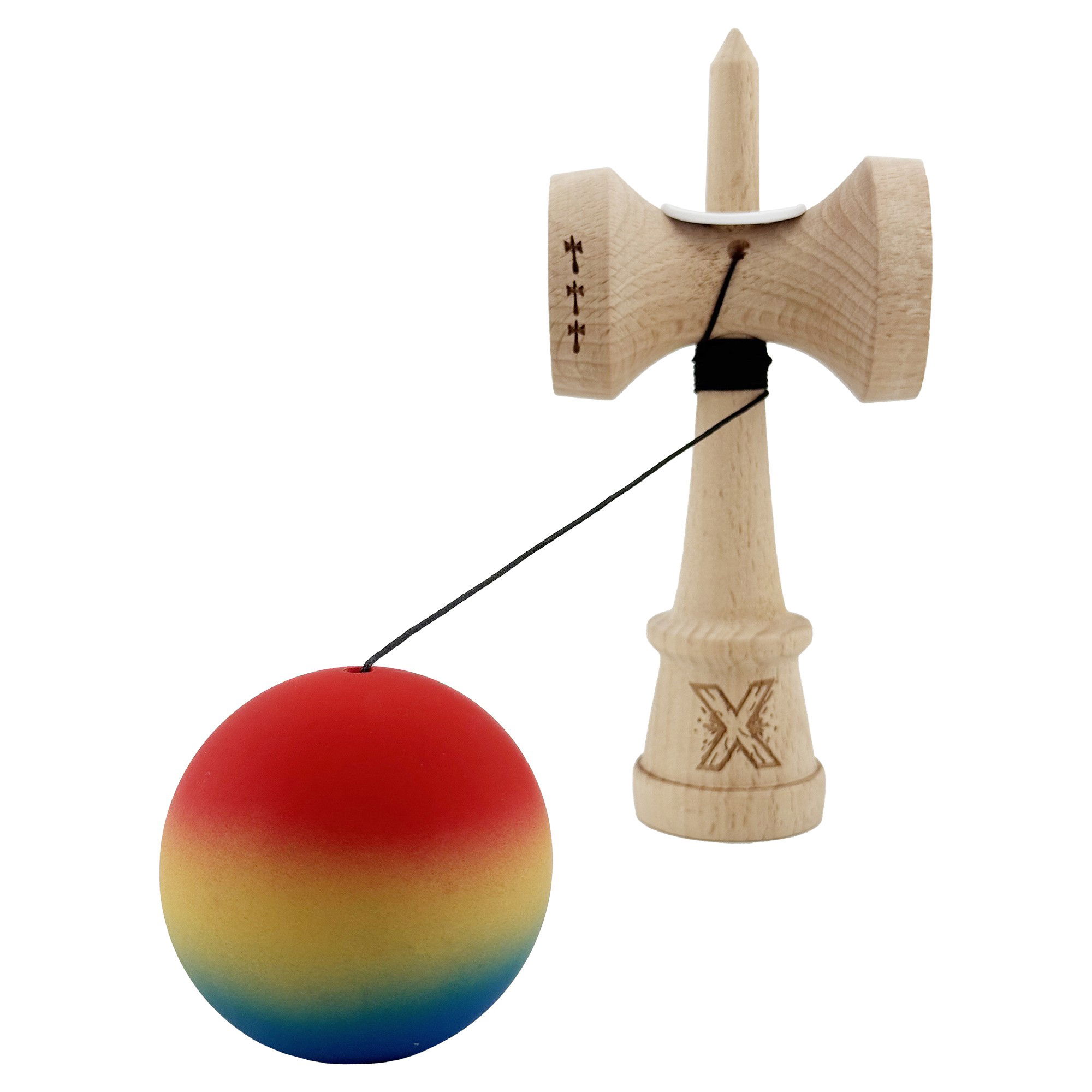 Kendama X Originala, Profesionala, Flippy, Cupe Mari KING SIZE V3, Rubber Grip, Gaura in Baza, Rulment Metalic, din lemn 18 cm, Ata 62/65 cm, Gradient Rosu/Galben/Albastru [4]