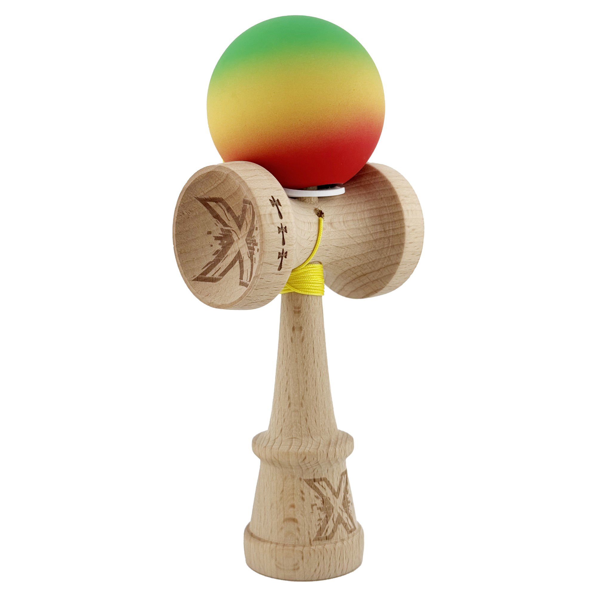 Kendama Rubber Grip V3 Cupe Mari - Kendama X Originala, Profesionala, Flippy, Cupe Mari KING SIZE V3, Rubber Grip, Gaura in Baza, Rulment Metalic, din lemn 18 cm, Ata 62/65 cm, Gradient Verde/Galben/Rosu