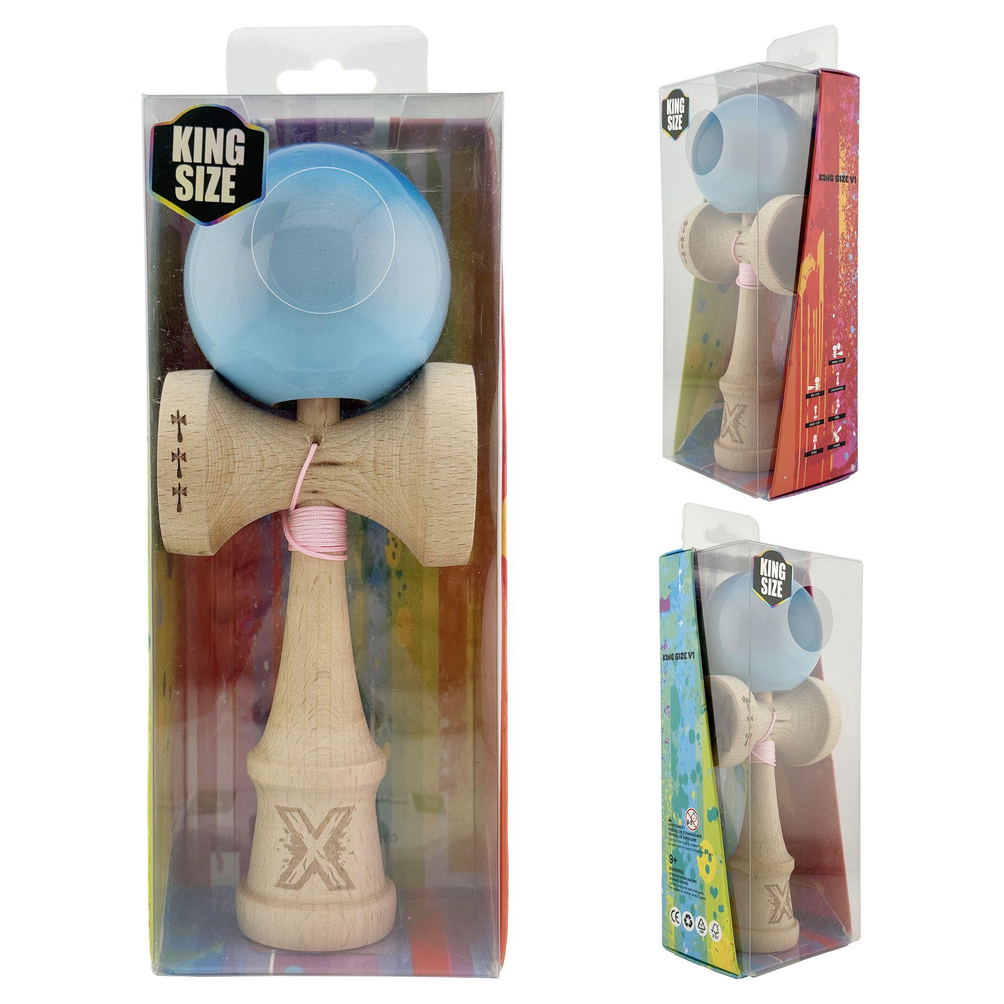 Kendama X Originala, Profesionala, Flippy, Big Cups V2, Super Sticky Cupe Mari, Rulment Metalic cu Ata 55 cm, Albastru/Gri/Bleu [10]