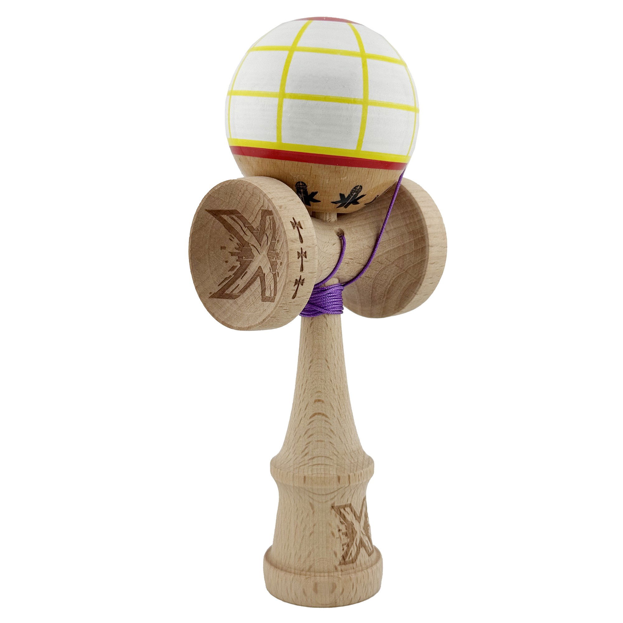 Kendama Legendary V2 Cupe Mari - Kendama X Originala, Profesionala, Flippy, Big Cups V2, Model Glob Super Sticky Legendary Cupe Mari, Rulment Metalic cu Ata 55 cm, Alb/Galben/Rosu