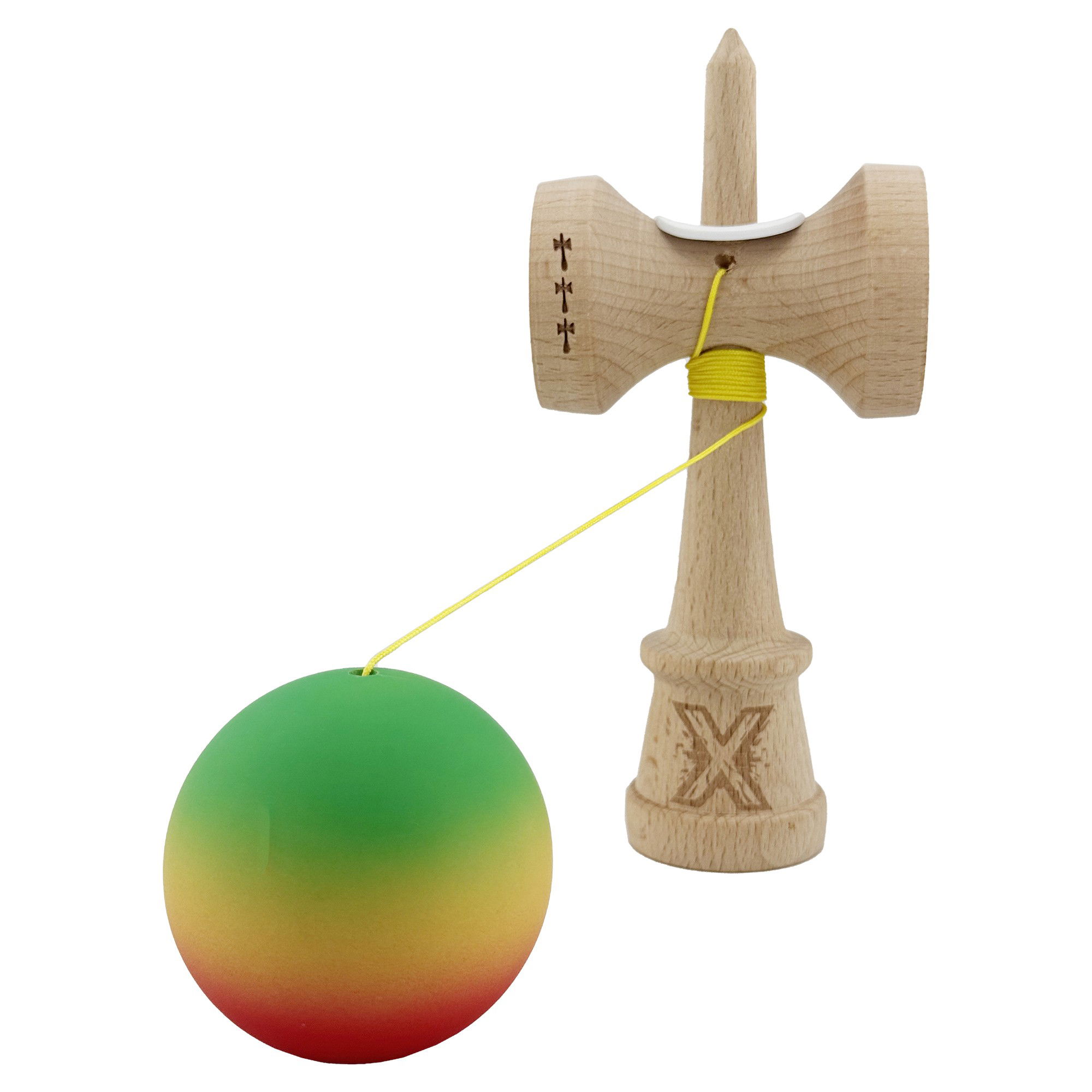 Kendama X Originala, Profesionala, Flippy, Cupe Mari KING SIZE V3, Rubber Grip, Gaura in Baza, Rulment Metalic, din lemn 18 cm, Ata 62/65 cm, Gradient Verde/Galben/Rosu [4]