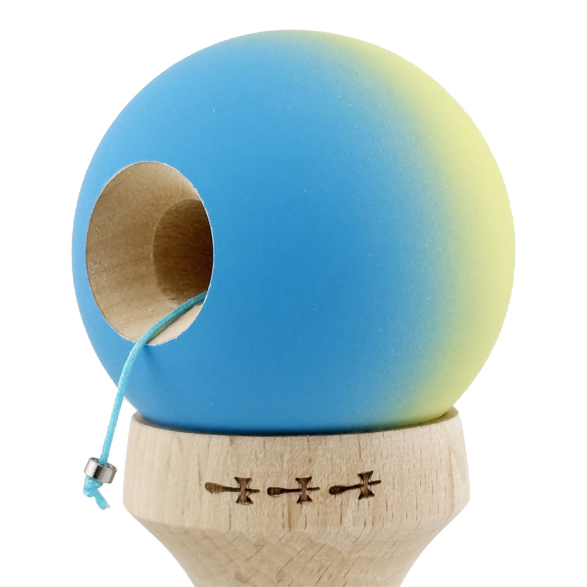 Kendama X Originala, Profesionala, Flippy, Cupe Mari KING SIZE V3, Rubber Grip, Gaura in Baza, Rulment Metalic, din lemn 18 cm, Ata 62/65 cm, Gradient Galben/Albastru deschis [6]