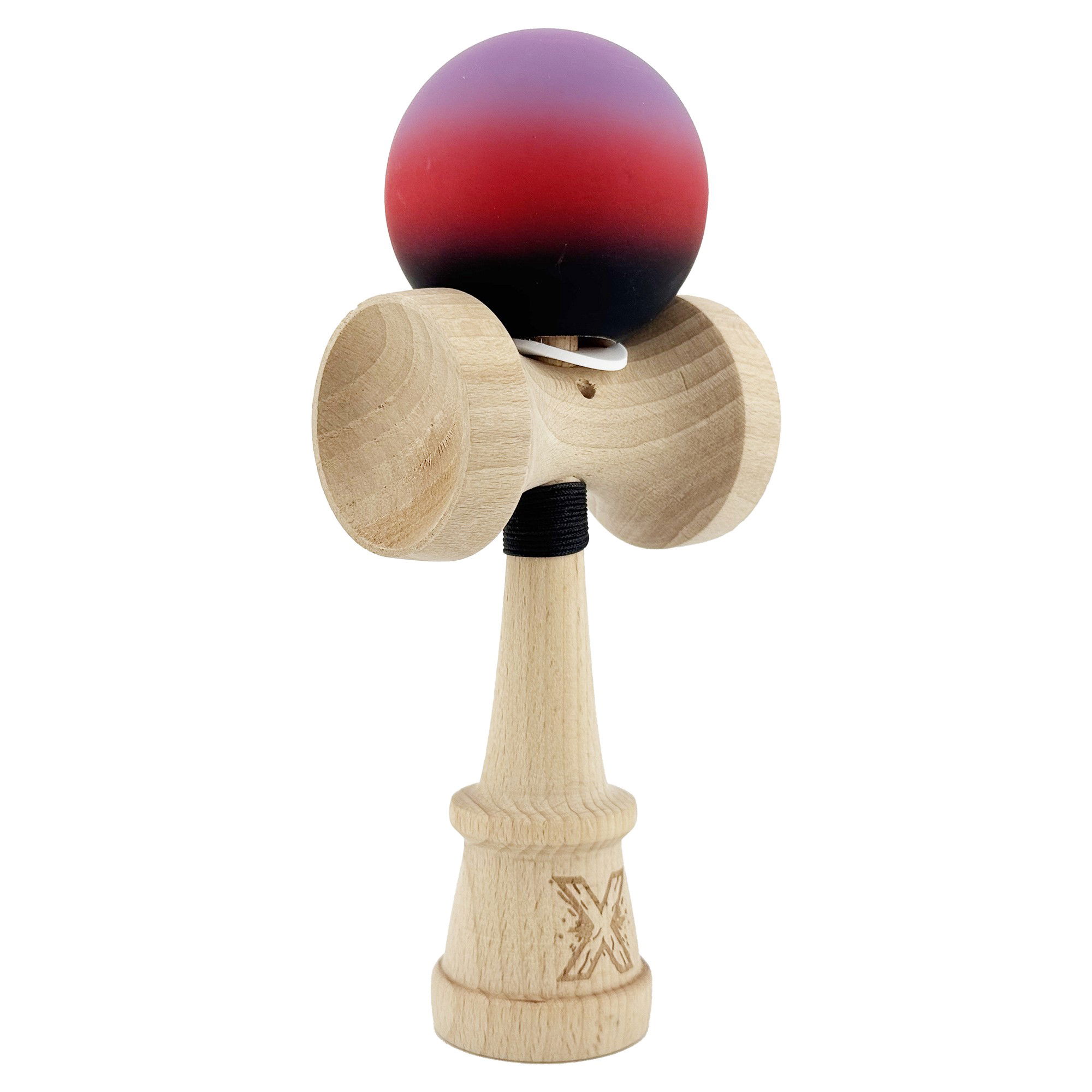 Kendama Rubber Grip V3 Cupe Mari - Kendama X Originala, Profesionala, Flippy, Cupe Mari KING SIZE V3, Rubber Grip, Gaura in Baza, Rulment Metalic, din lemn 18 cm, Ata 62/65 cm, Gradient Mov/Rosu/Negru