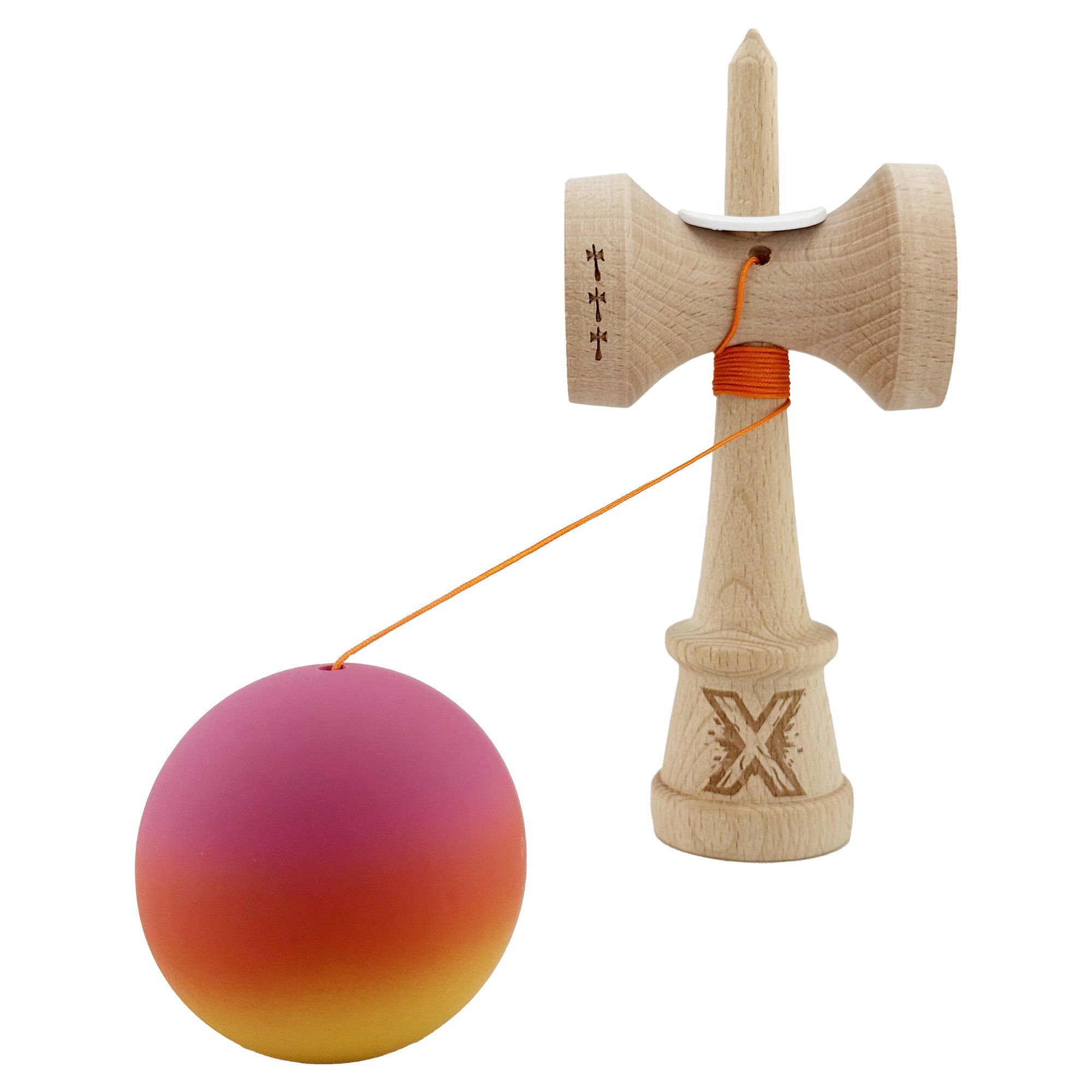 Kendama X Originala, Profesionala, Flippy, Cupe Mari KING SIZE V3, Rubber Grip, Gaura in Baza, Rulment Metalic, din lemn 18 cm, Ata 62/65 cm, Gradient Roz/Rosu/Galben [4]
