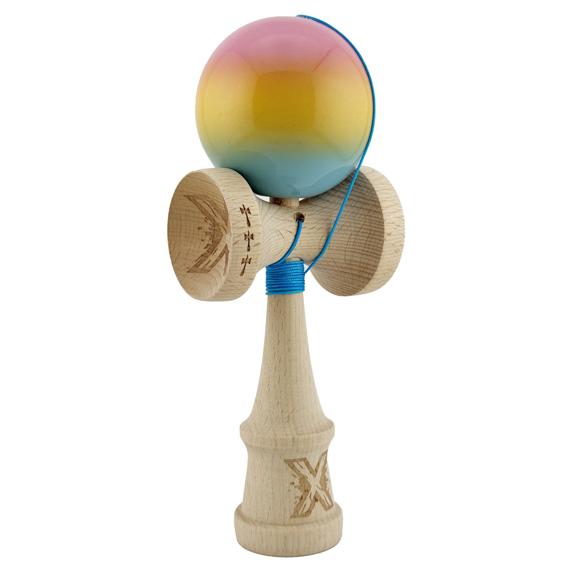 Kendama Super Sticky V2 Cupe Mari - Kendama X Originala, Profesionala, Flippy, Big Cups V2, Super Sticky cu Cupe Mari, din lemn 18 cm, Rulment Metalic cu Ata 55 cm, Roz/Galben/Albastru