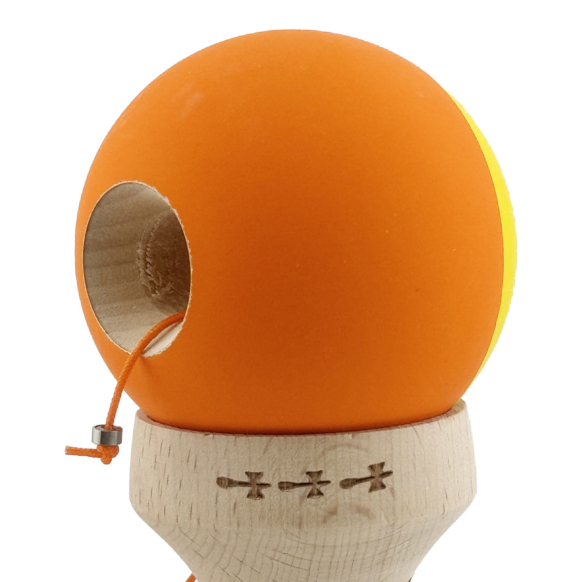 Kendama X Originala, Profesionala, Flippy, Rubber Grip, Cupe Mari KING SIZE V3, Gaura in Baza, Rulment Metalic, din lemn 18 cm, Ata 62/65 cm, Bicolor Galben/Portocaliu [7]