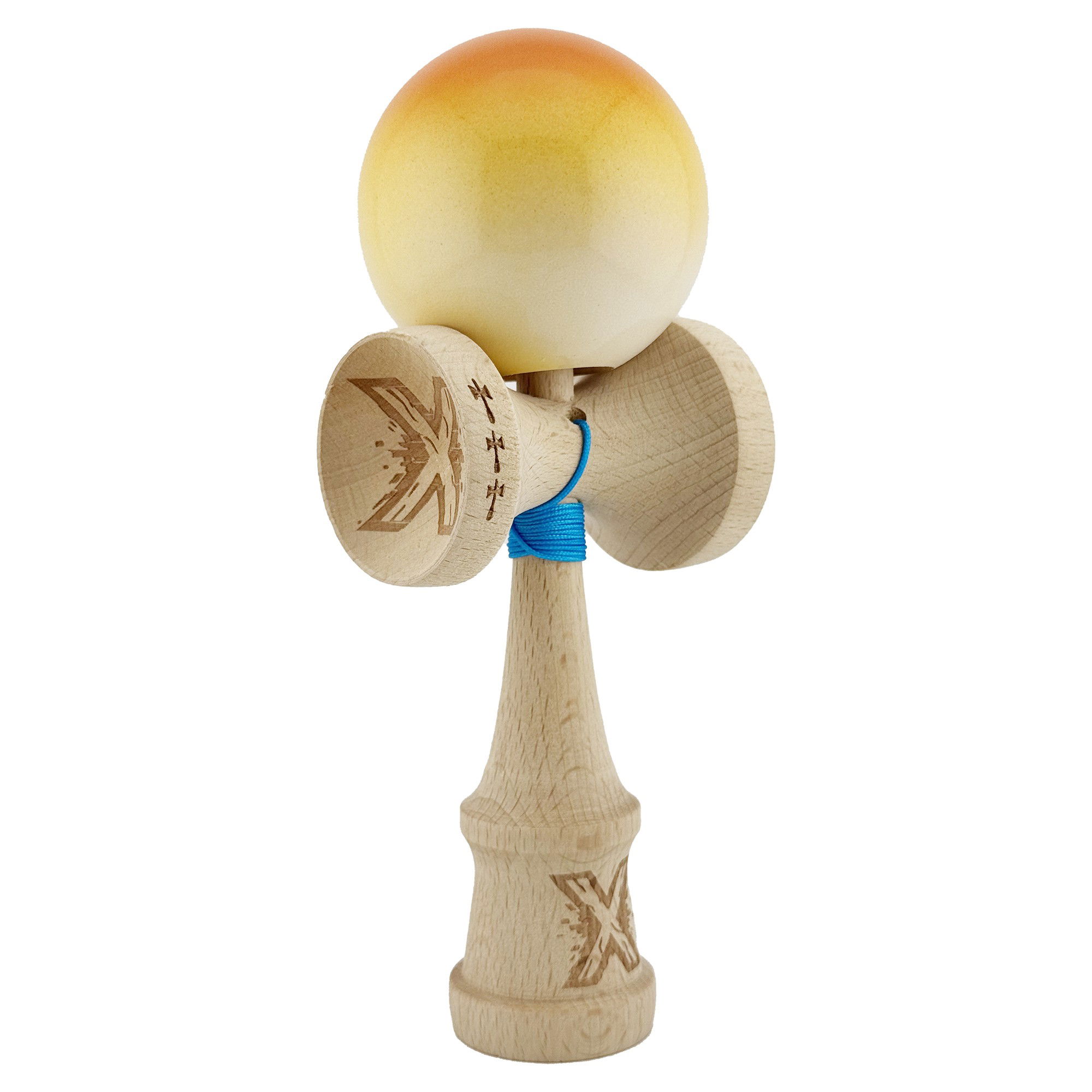 Kendama X Originala, Profesionala, Flippy, Big Cups V2, Super Sticky cu Cupe Mari, din lemn 18 cm, Rulment Metalic cu Ata 55 cm, Portocaliu/Galben/Alb [9]