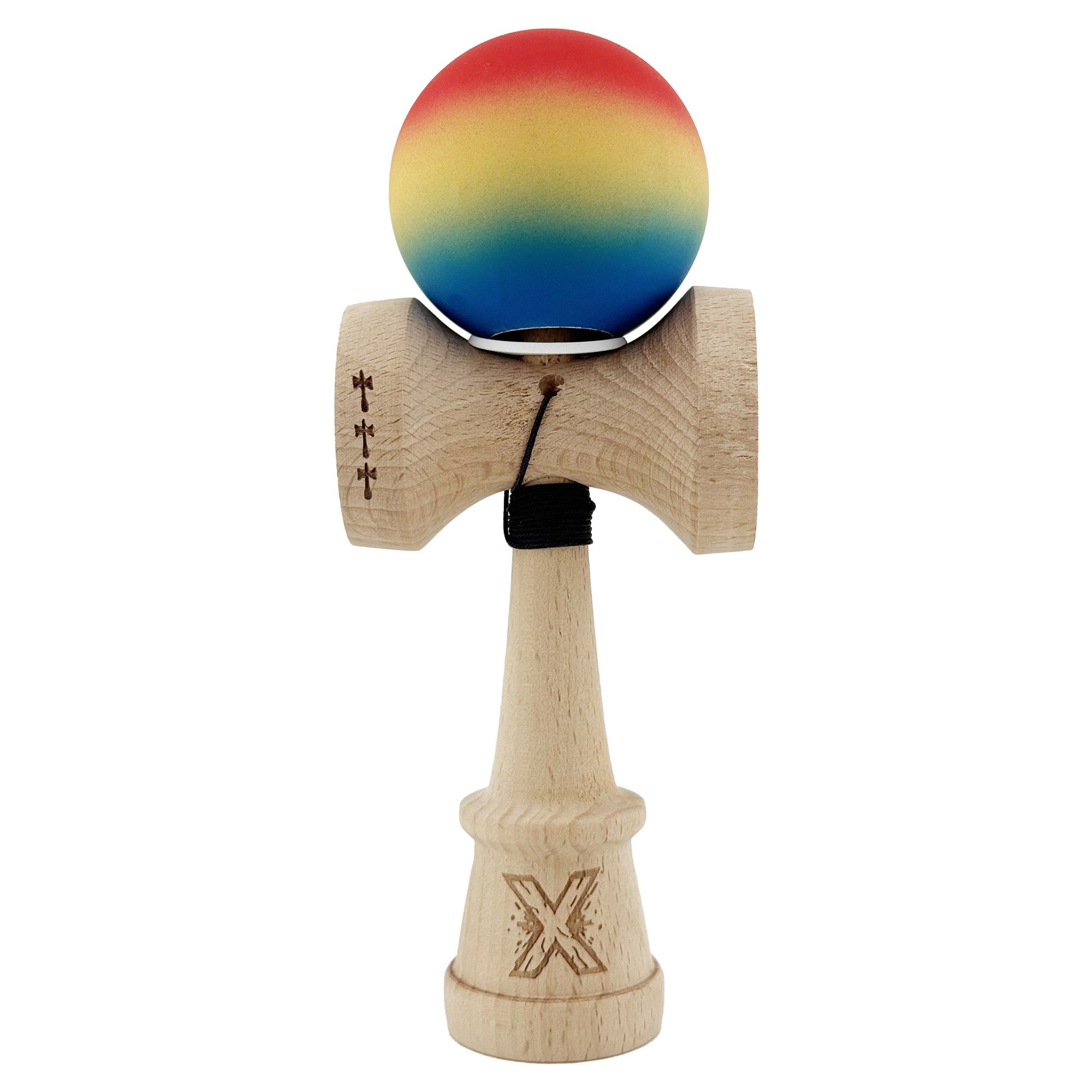 Kendama Rubber Grip V3 Cupe Mari - Kendama X Originala, Profesionala, Flippy, Cupe Mari KING SIZE V3, Rubber Grip, Gaura in Baza, Rulment Metalic, din lemn 18 cm, Ata 62/65 cm, Gradient Rosu/Galben/Albastru