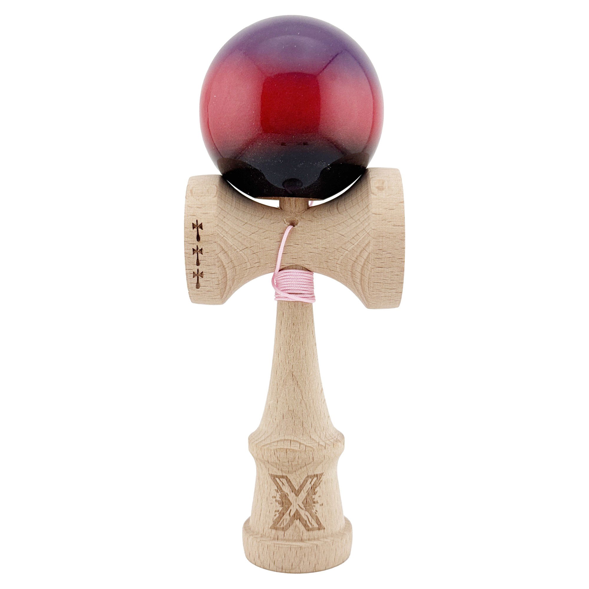 Kendama Super Sticky V2 Cupe Mari - Kendama X Originala, Profesionala, Flippy, Big Cups V2, Super Sticky Cupe Mari, Rulment Metalic cu Ata 55 cm, Mov/Rosu/Negru