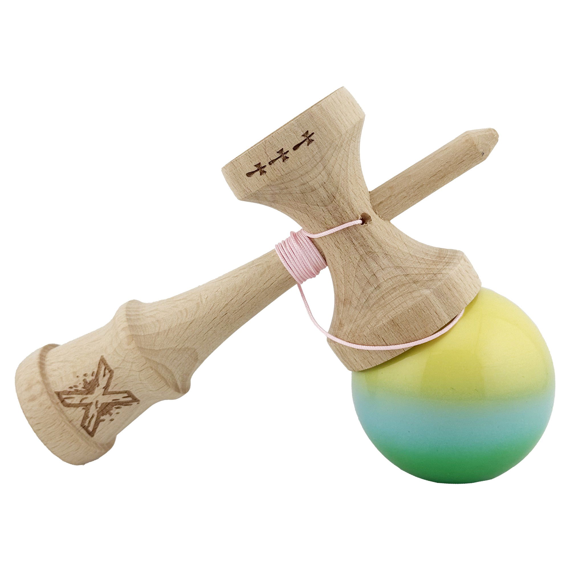 Kendama X Originala, Profesionala, Flippy, Big Cups V2, Super Sticky cu Cupe Mari, din lemn 18 cm, Rulment Metalic cu Ata 55 cm, Galben/Albastru/Verde [4]