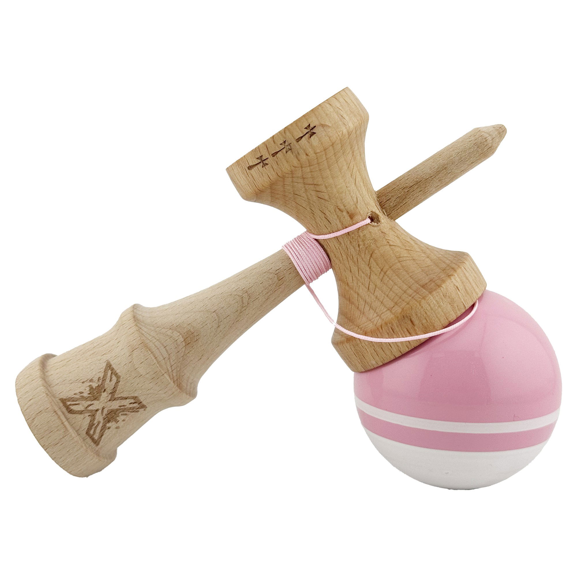 Kendama X Originala, Profesionala, Flippy, Big Cups V2, Super Sticky cu Cupe Mari, din lemn 18 cm, Rulment Metalic cu Ata 55 cm, Roz/Alb [4]