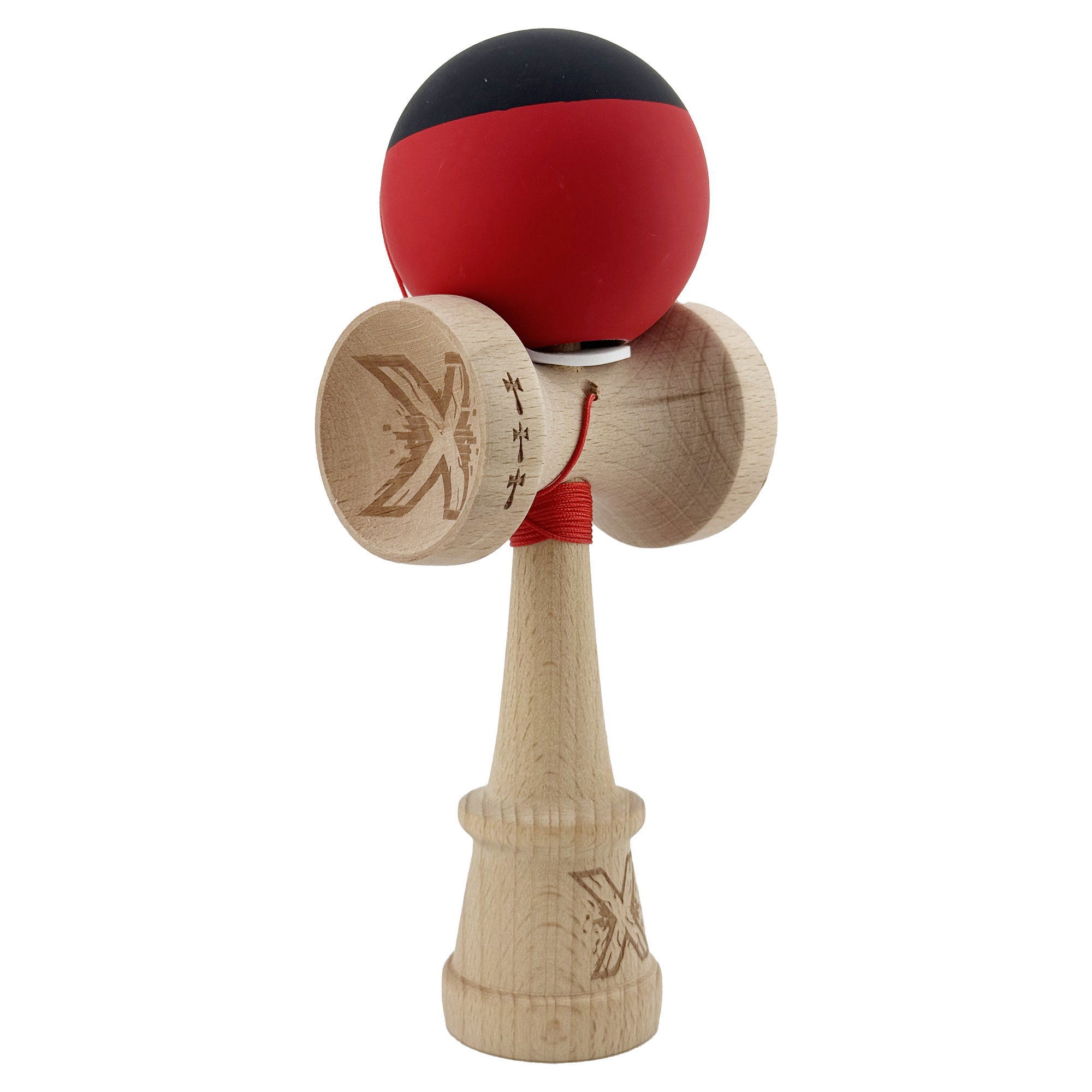 Kendama Rubber Grip V3 Cupe Mari - Kendama X Originala, Profesionala, Flippy, Cupe Mari KING SIZE V3, Rubber Grip, Gaura in Baza, Rulment Metalic, din lemn 18 cm, Ata 62/65 cm, Bicolor Negru/Rosu