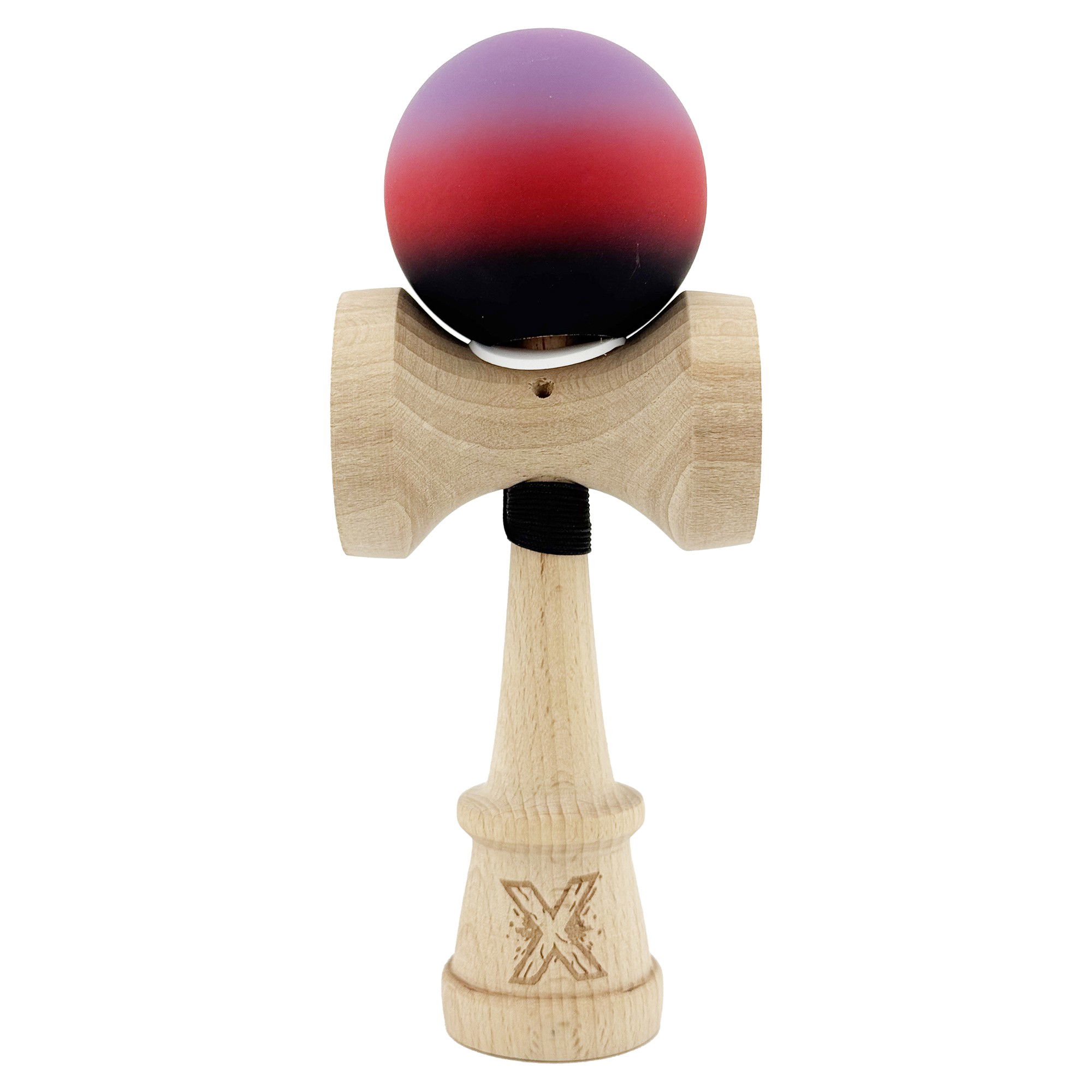 Kendama Rubber Grip V3 Cupe Mari - Kendama X Originala, Profesionala, Flippy, Cupe Mari KING SIZE V3, Rubber Grip, Gaura in Baza, Rulment Metalic, din lemn 18 cm, Ata 62/65 cm, Gradient Mov/Rosu/Negru