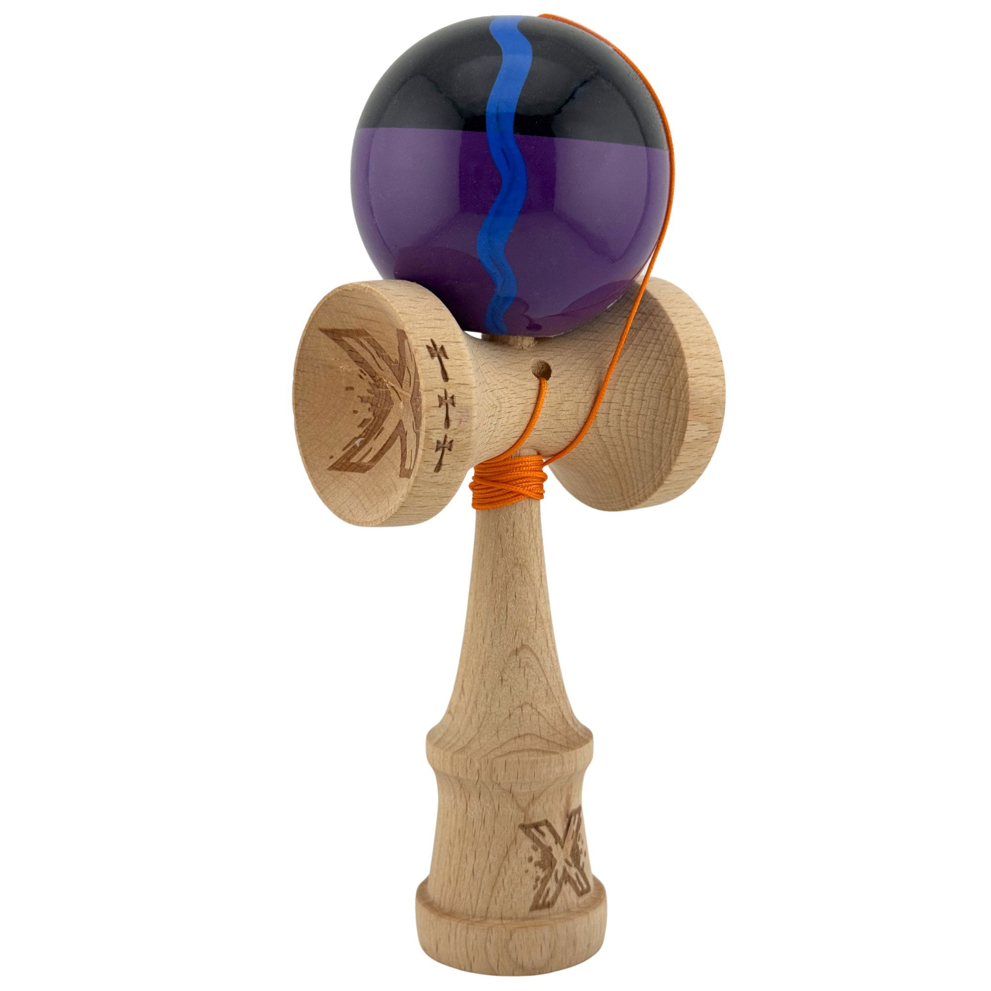 Kendama X Originala, Profesionala, Flippy, Big Cups V2, Super Sticky Cupe Mari, Rulment Metalic cu Ata 55 cm, Negru Mov cu Linii [5]