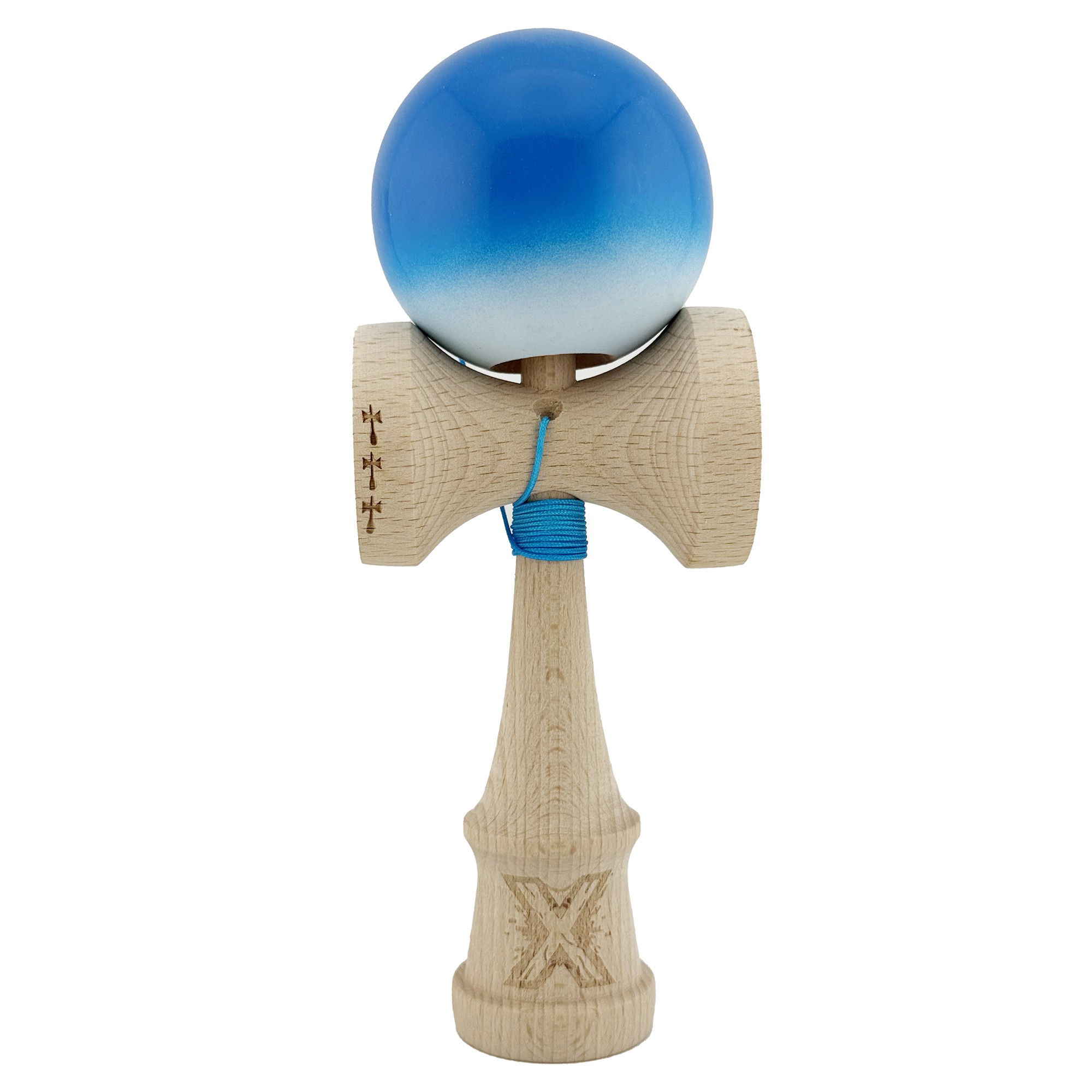 Kendama X Originala, Profesionala, Flippy, Big Cups V2, Super Sticky cu Cupe Mari, din lemn 18 cm, Rulment Metalic cu Ata 55 cm, Albastru/Alb [3]