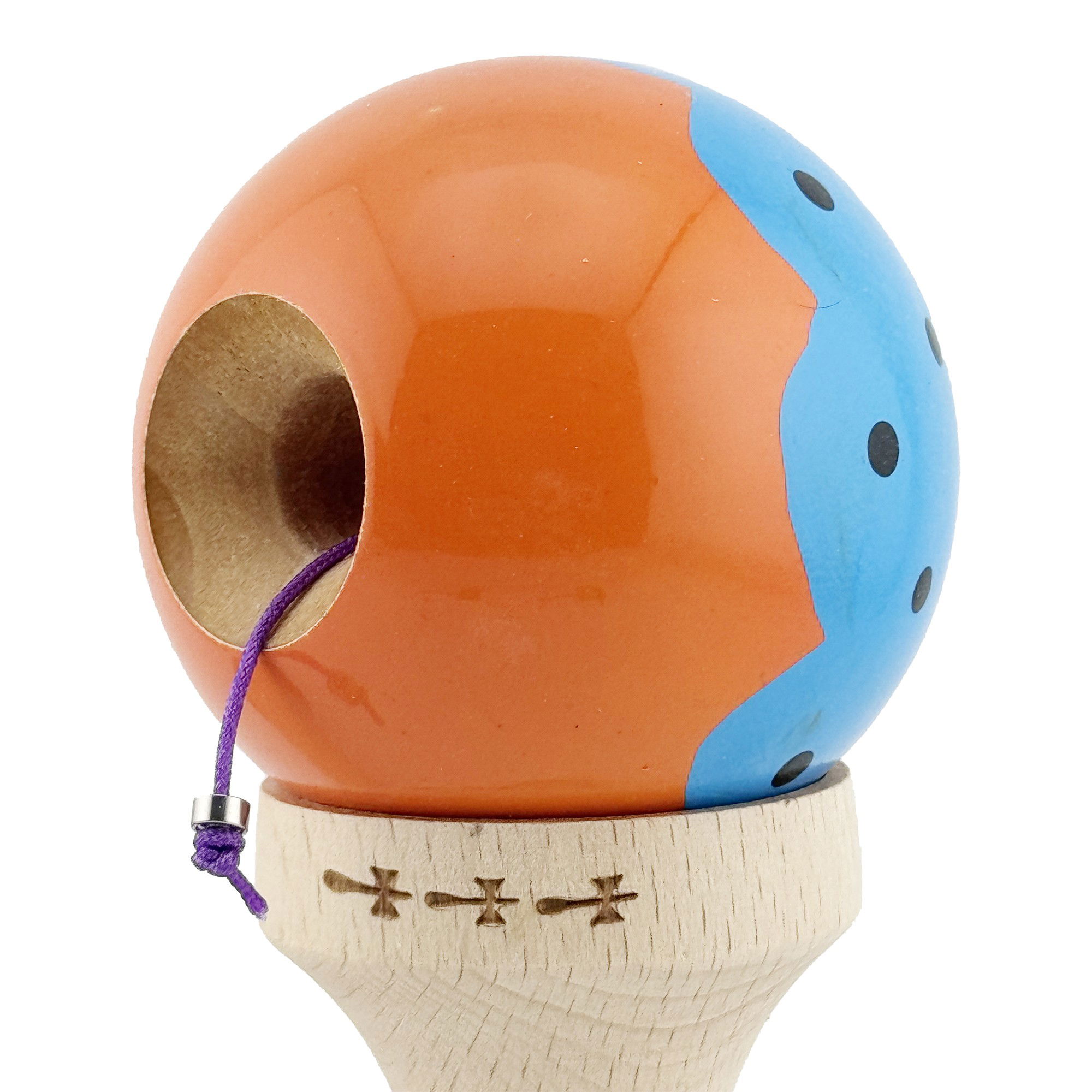 Kendama X Originala, Profesionala, Flippy, Big Cups V2, Super Sticky cu Cupe Mari, din lemn 18 cm, Rulment Metalic cu Ata 55 cm, Albastru/Portocaliu [5]
