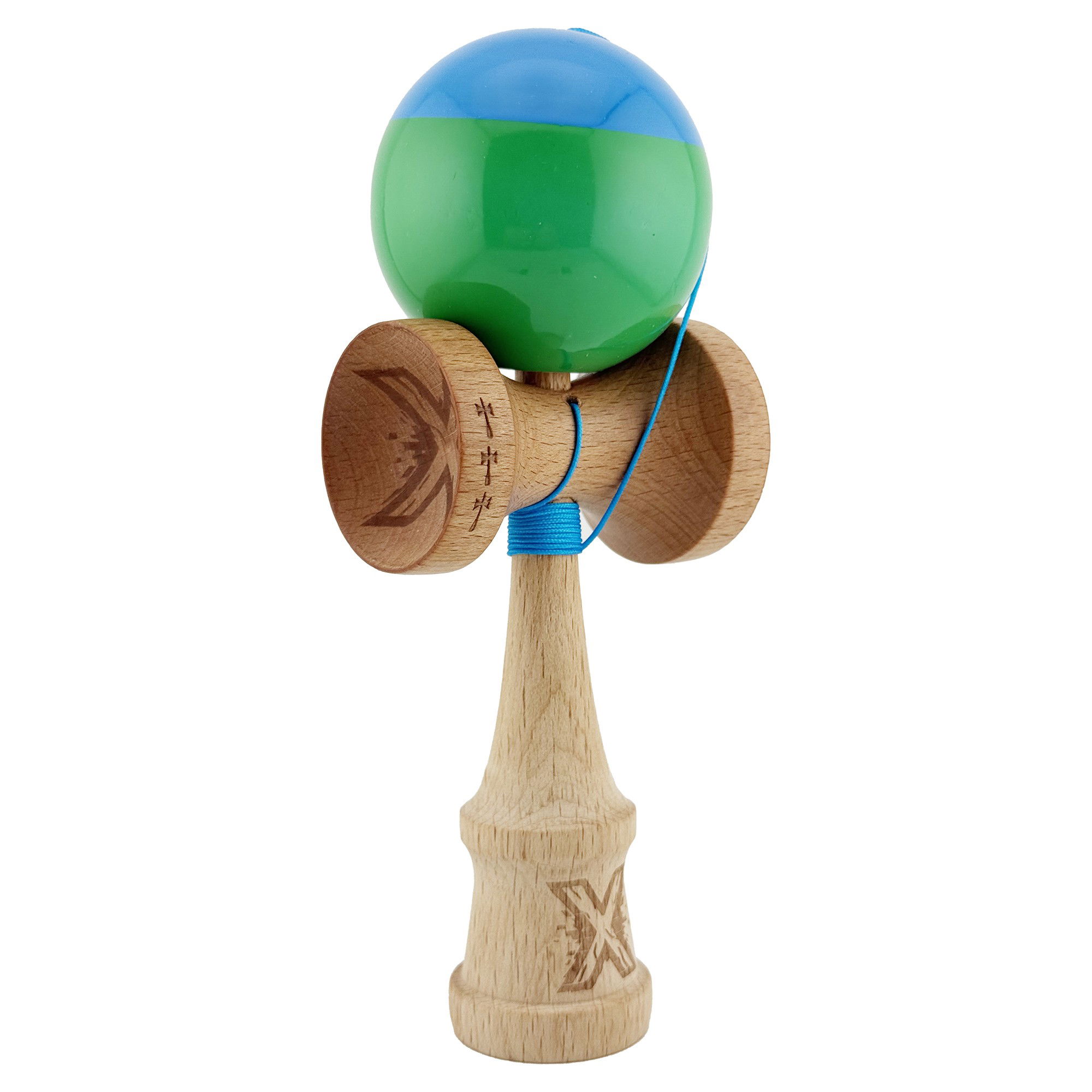Kendama Super Sticky V2 Cupe Mari - Kendama X Originala, Profesionala, Flippy, Big Cups V2, Super Sticky cu Cupe Mari, Rulment Metalic, din lemn 18 cm, Ata 55 cm, Albastru/Verde