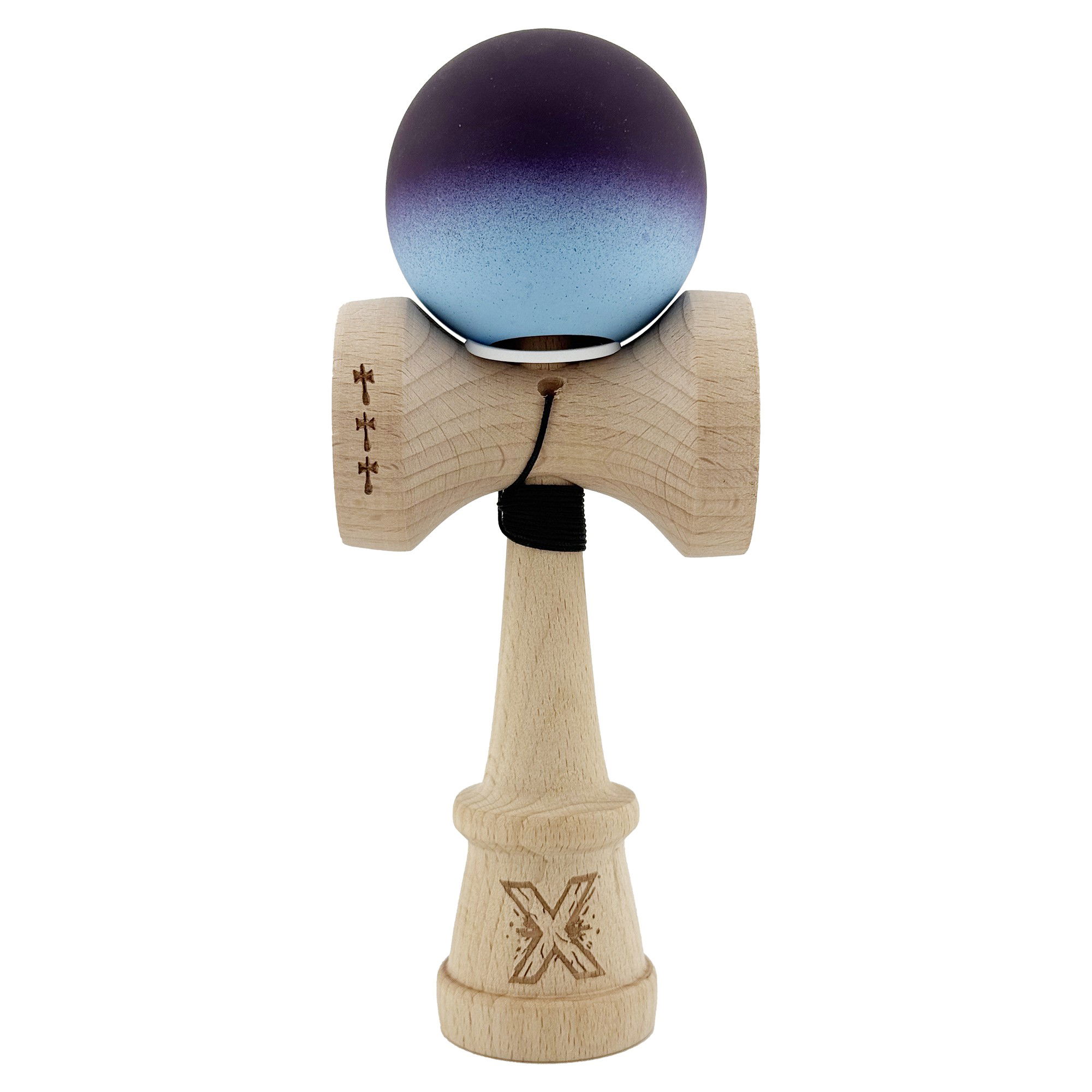 Kendama Rubber Grip V3 Cupe Mari - Kendama X Originala, Profesionala, Flippy, Cupe Mari KING SIZE V3, Rubber Grip, Gaura in Baza, Rulment Metalic, din lemn 18 cm, Ata 62/65 cm, Gradient Negru/Albastru deschis
