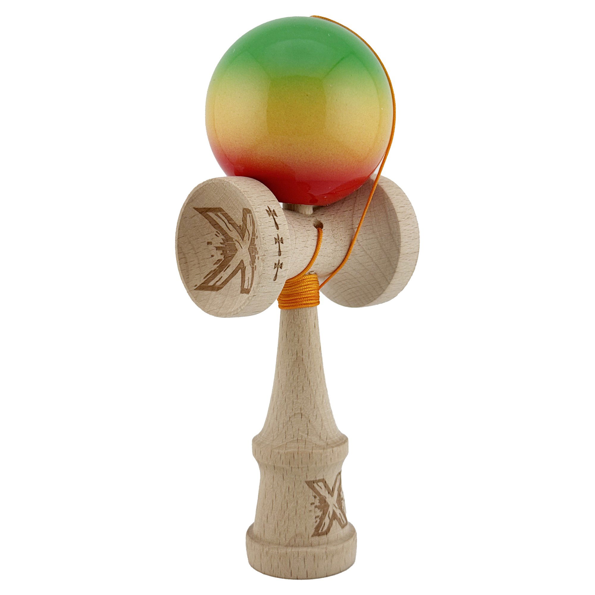 Kendama Super Sticky V2 Cupe Mari - Kendama X Originala, Profesionala, Flippy, Big Cups V2, Super Sticky Cupe Mari, Rulment Metalic cu Ata 55 cm, Verde/Galben/Rosu