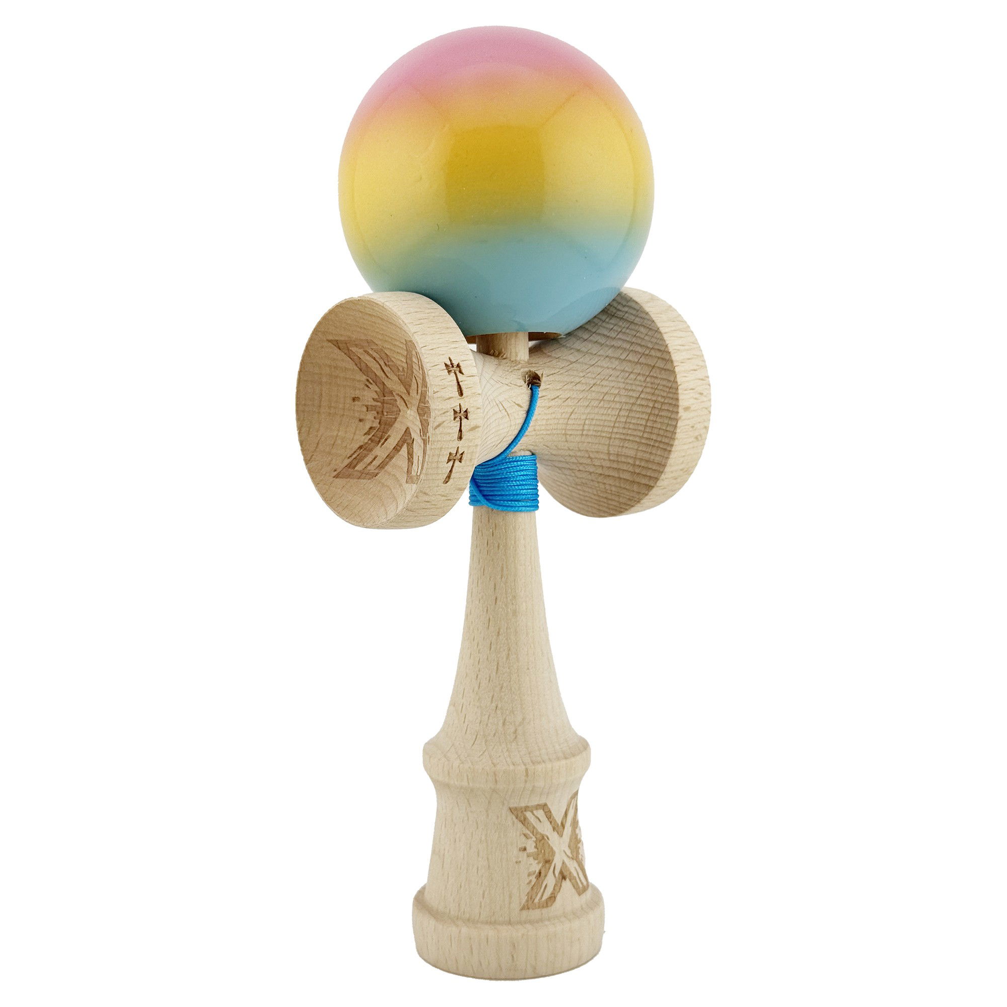 Kendama X Originala, Profesionala, Flippy, Big Cups V2, Super Sticky cu Cupe Mari, din lemn 18 cm, Rulment Metalic cu Ata 55 cm, Roz/Galben/Albastru [9]