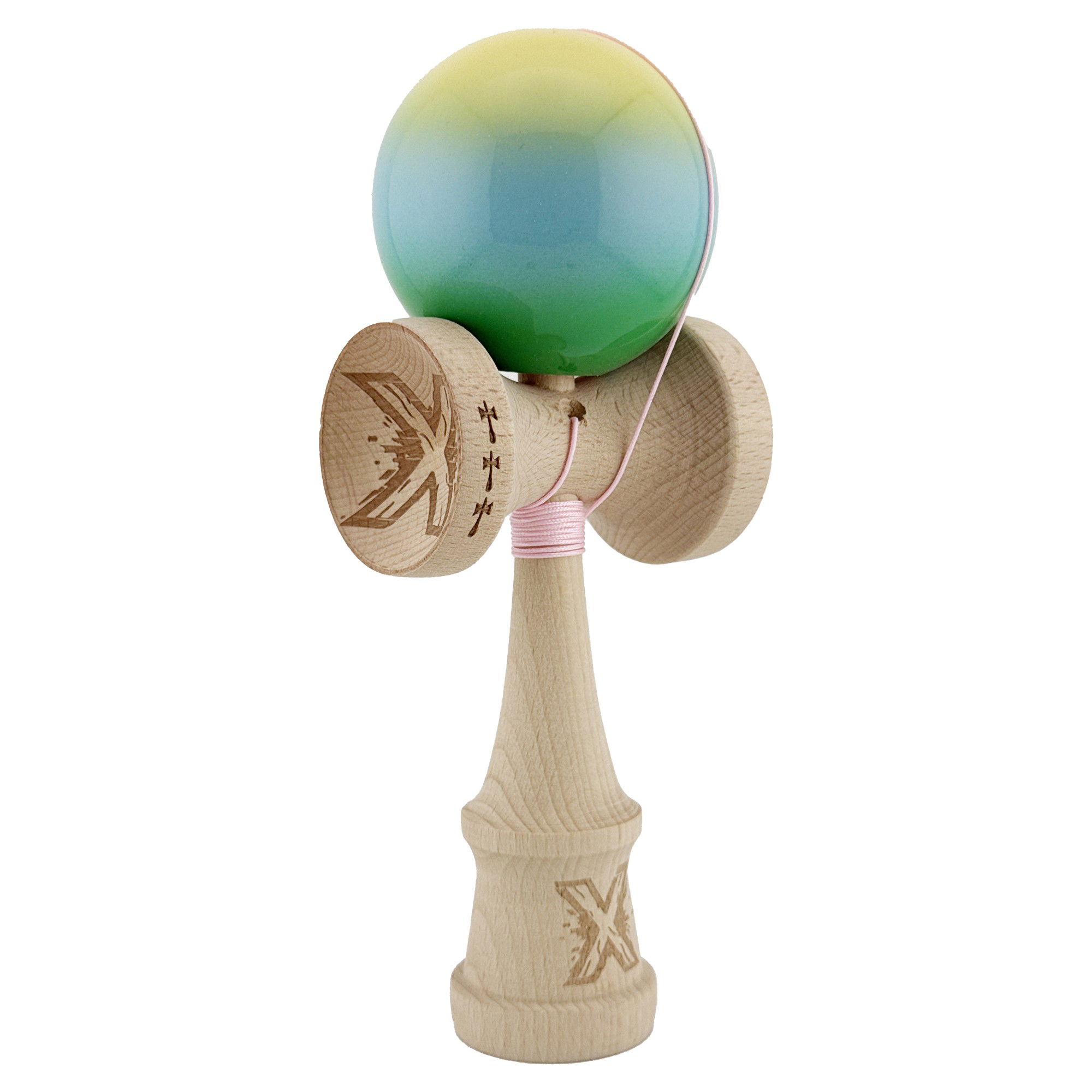 Kendama Super Sticky V2 Cupe Mari - Kendama X Originala, Profesionala, Flippy, Big Cups V2, Super Sticky Cupe Mari, Rulment Metalic cu Ata 55 cm, Galben/Albastru deschis/Verde
