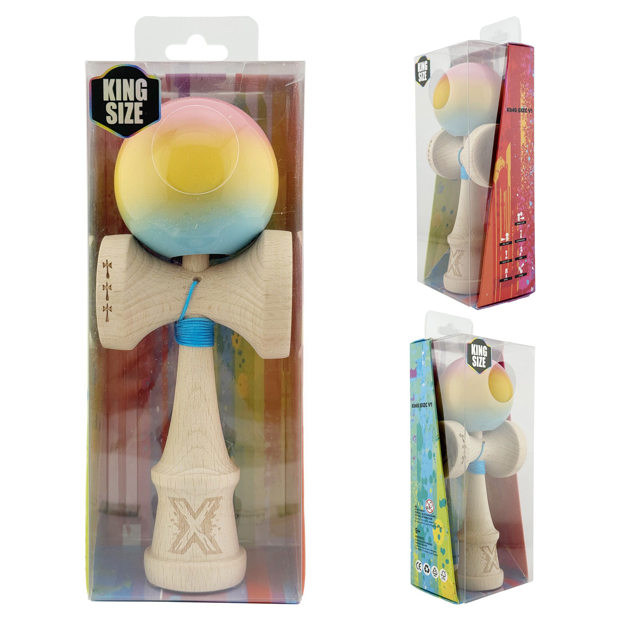 Kendama X Originala, Profesionala, Flippy, Big Cups V2, Super Sticky cu Cupe Mari, din lemn 18 cm, Rulment Metalic cu Ata 55 cm, Roz/Galben/Albastru [10]
