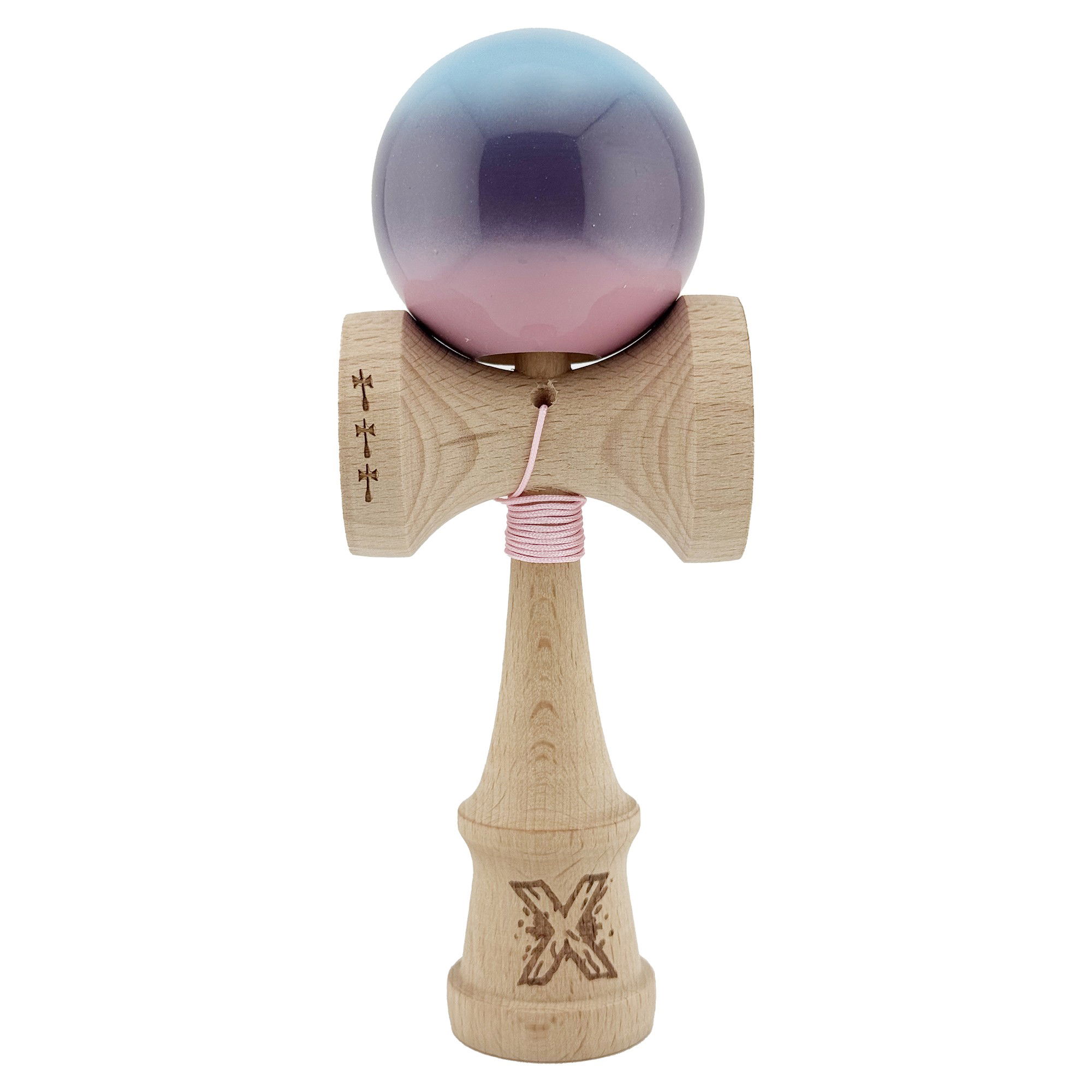 Kendama Super Sticky V2 Cupe Mari - Kendama X Originala, Profesionala, Flippy, Big Cups V2, Super Sticky cu Cupe Mari, din lemn 18 cm, Rulment Metalic cu Ata 55 cm, Albastru/Mov/Roz