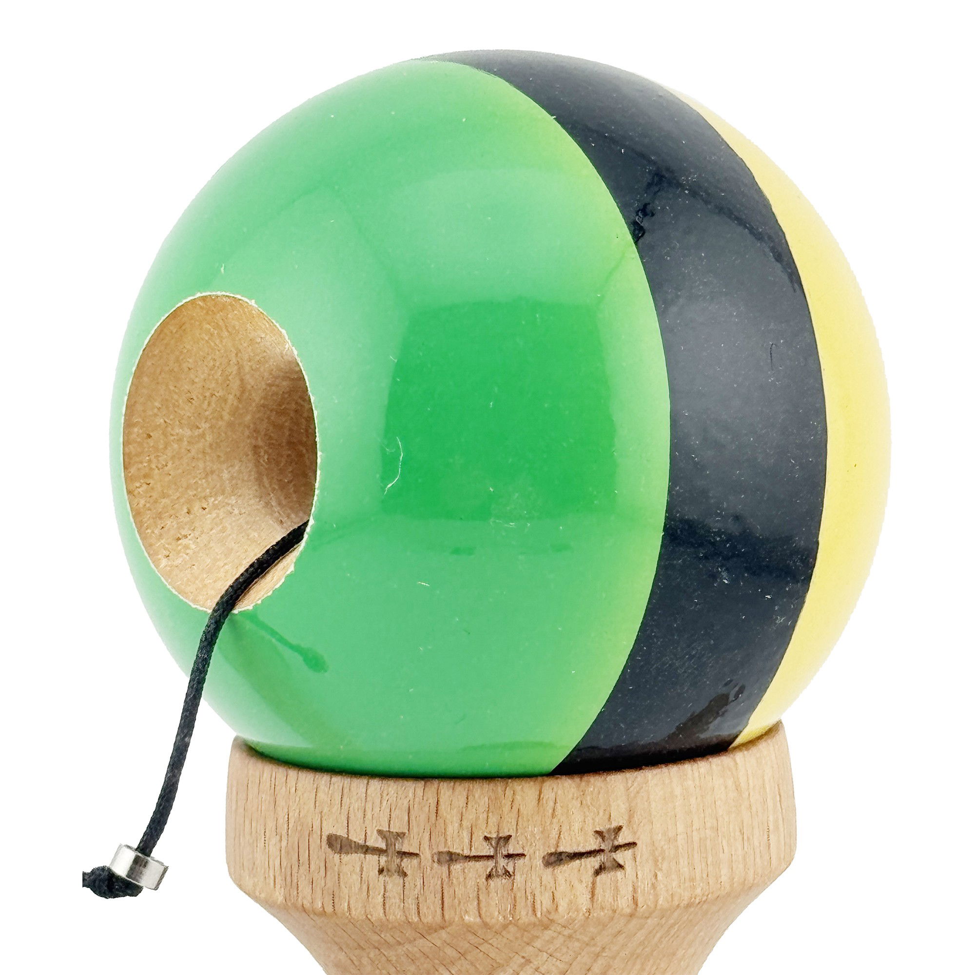 Kendama X Originala, Profesionala, Flippy, Big Cups V2, Super Sticky cu Cupe Mari, Rulment Metalic, din lemn 18 cm, Ata 55 cm, Galben/Negru/Verde [6]