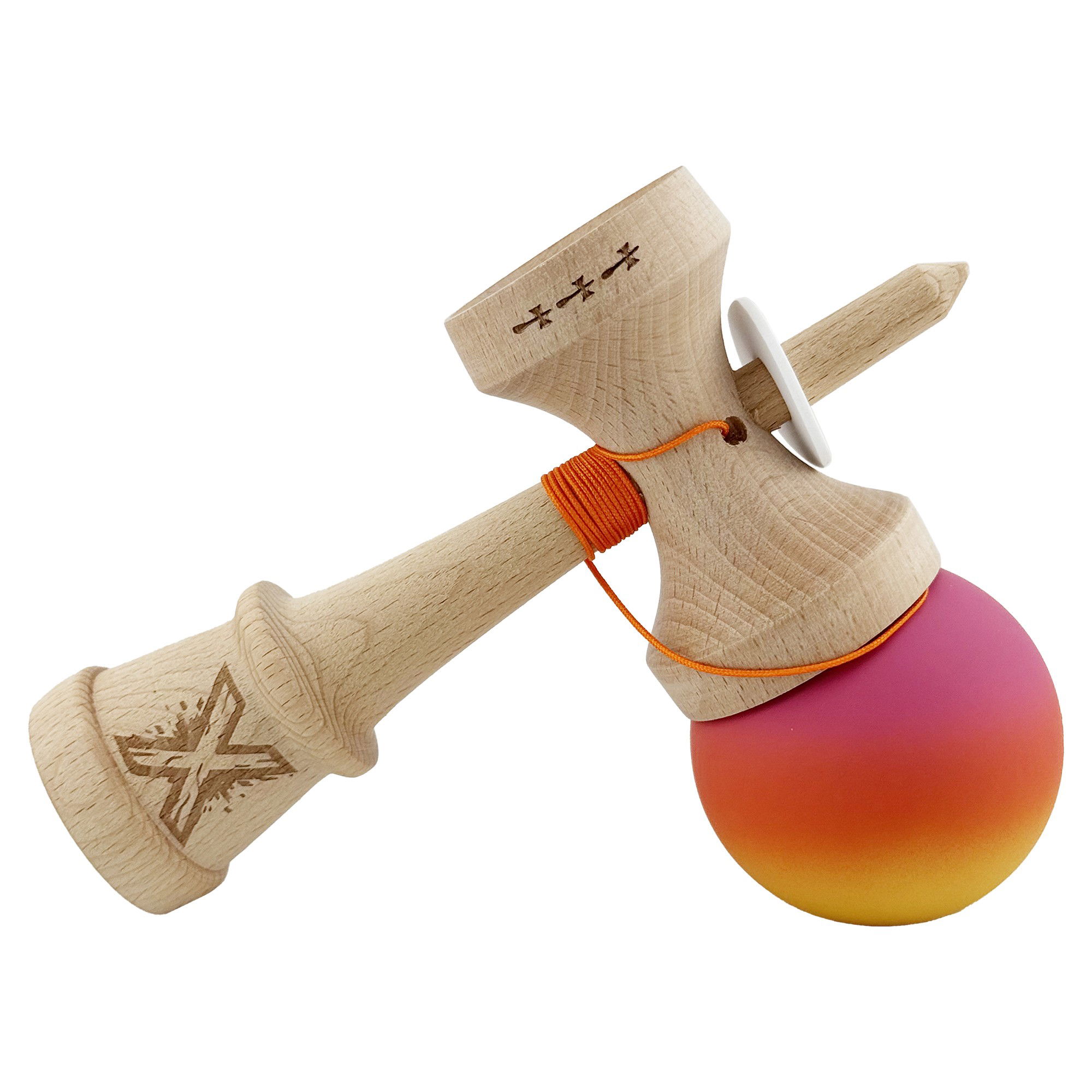 Kendama X Originala, Profesionala, Flippy, Cupe Mari KING SIZE V3, Rubber Grip, Gaura in Baza, Rulment Metalic, din lemn 18 cm, Ata 62/65 cm, Gradient Roz/Rosu/Galben [5]