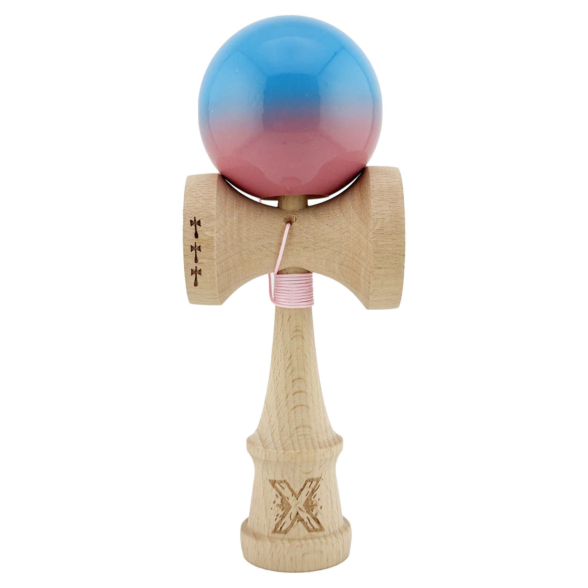 Kendama Super Sticky V2 Cupe Mari - Kendama X Originala, Profesionala, Flippy, Big Cups V2, Super Sticky cu Cupe Mari, din lemn 18 cm, Rulment Metalic cu Ata 55 cm, Albastru/Roz