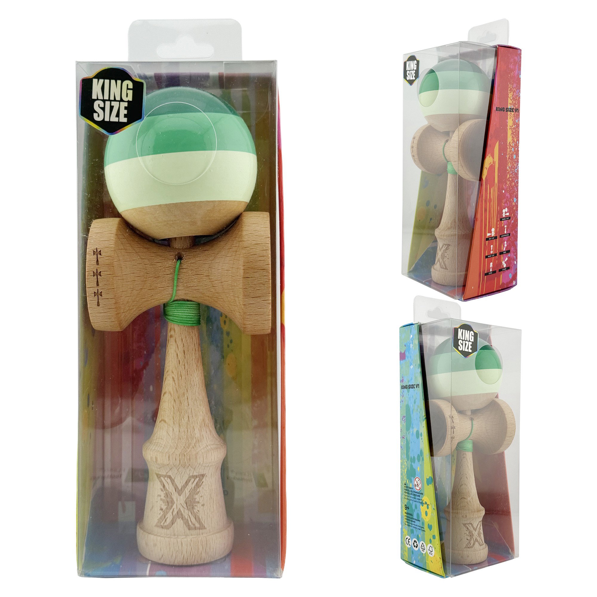 Kendama X Originala, Profesionala, Flippy, Big Cups V2, Super Sticky Legendary Cupe Mari, Rulment Metalic cu Ata 55 cm, Verde Mix [10]