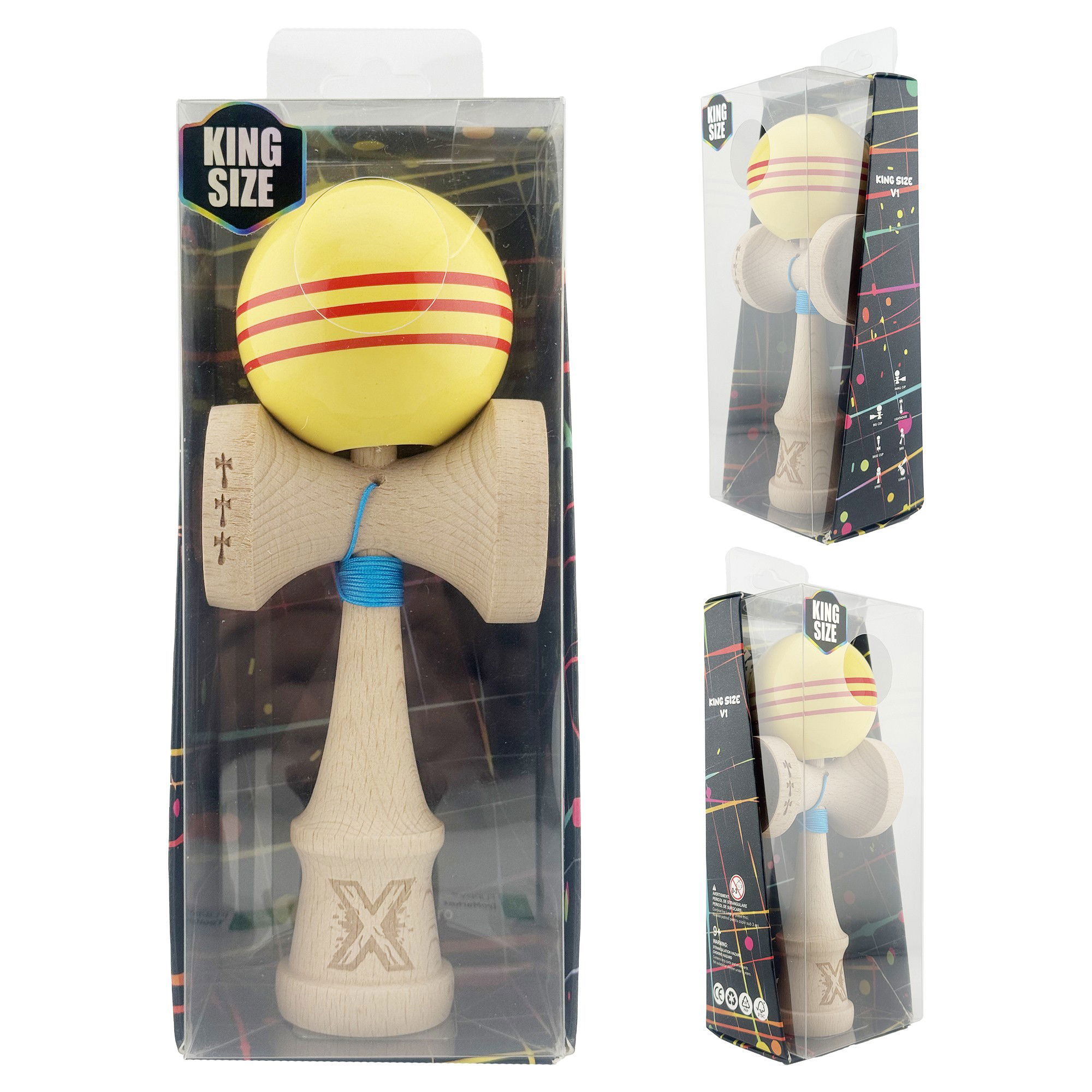 Kendama X Originala, Profesionala, Flippy, Big Cups V2, Super Sticky Legendary Cupe Mari, Rulment Metalic cu Ata 55 cm, Galben/Linii Rosii [10]