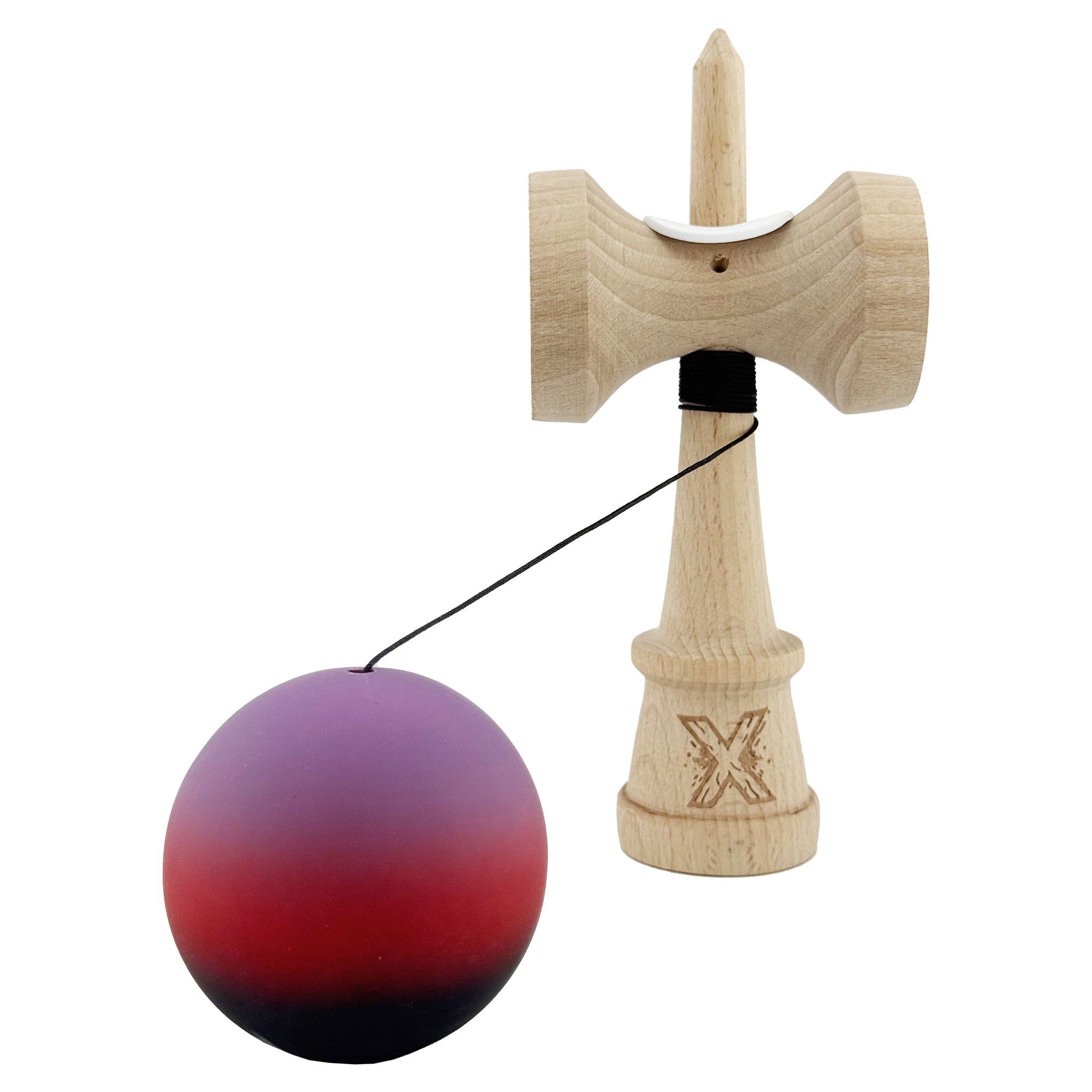 Kendama X Originala, Profesionala, Flippy, Cupe Mari KING SIZE V3, Rubber Grip, Gaura in Baza, Rulment Metalic, din lemn 18 cm, Ata 62/65 cm, Gradient Mov/Rosu/Negru [4]