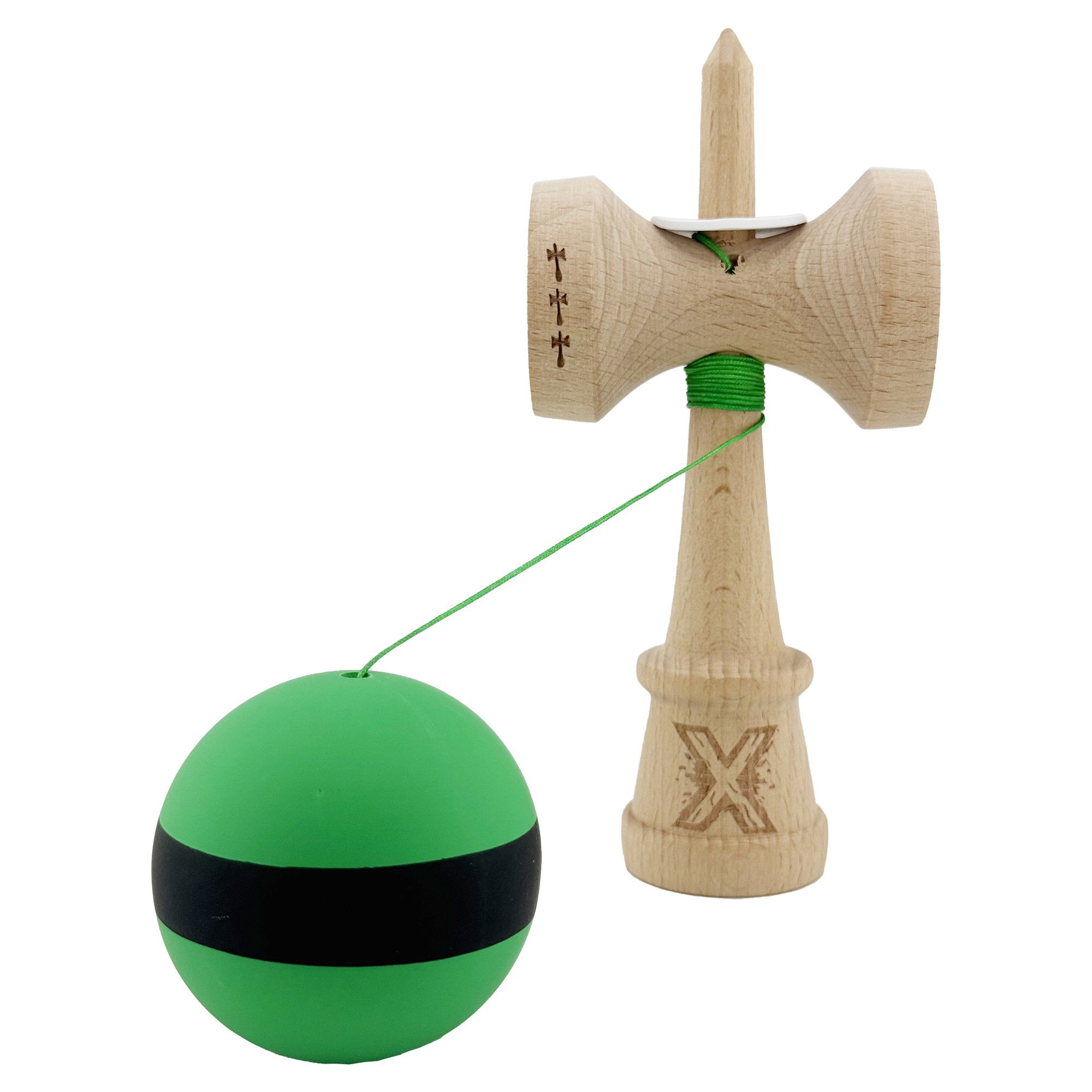 Kendama X Originala, Profesionala, Flippy, Cupe Mari KING SIZE V3, Rubber Grip, Gaura in Baza, Rulment Metalic, din lemn 18 cm, Ata 62/65 cm, M Bicolor Verde Dublu/Negru [4]