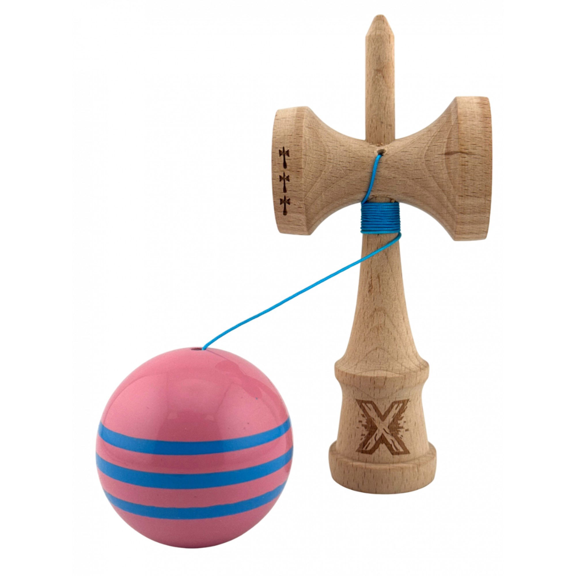 Kendama X Originala, Profesionala, Flippy, Big Cups V2, Super Sticky Legendary Cupe Mari, Rulment Metalic cu Ata 55 cm, Roz/Linii Albastre deschise [7]
