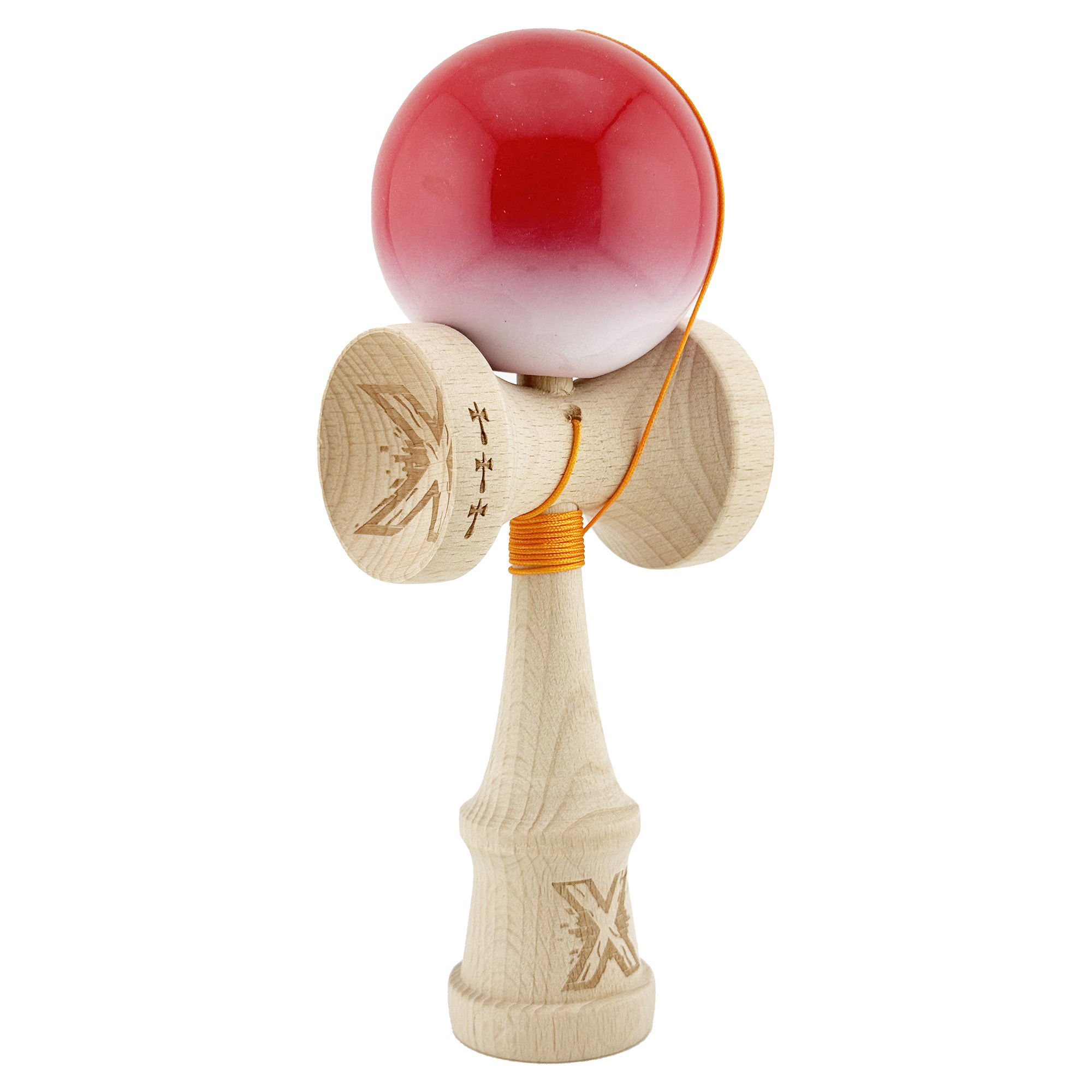 Kendama Super Sticky V2 Cupe Mari - Kendama X Originala, Profesionala, Flippy, Big Cups V2, Super Sticky cu Cupe Mari, din lemn 18 cm, Rulment Metalic cu Ata 55 cm, Gradient Rosu/Alb