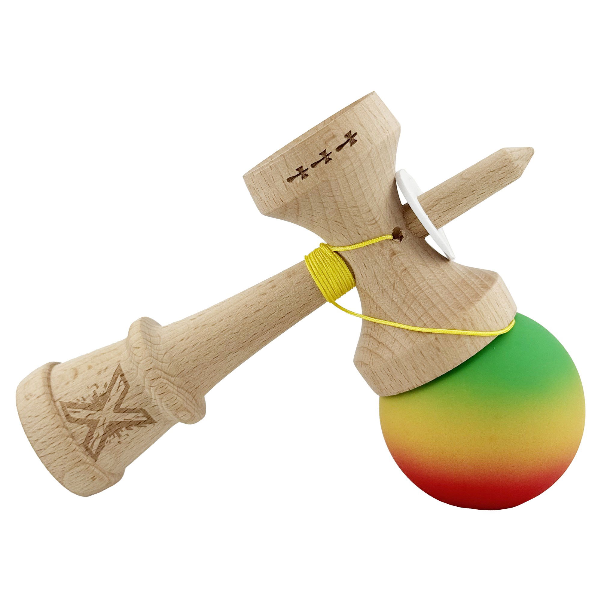 Kendama X Originala, Profesionala, Flippy, Cupe Mari KING SIZE V3, Rubber Grip, Gaura in Baza, Rulment Metalic, din lemn 18 cm, Ata 62/65 cm, Gradient Verde/Galben/Rosu [5]