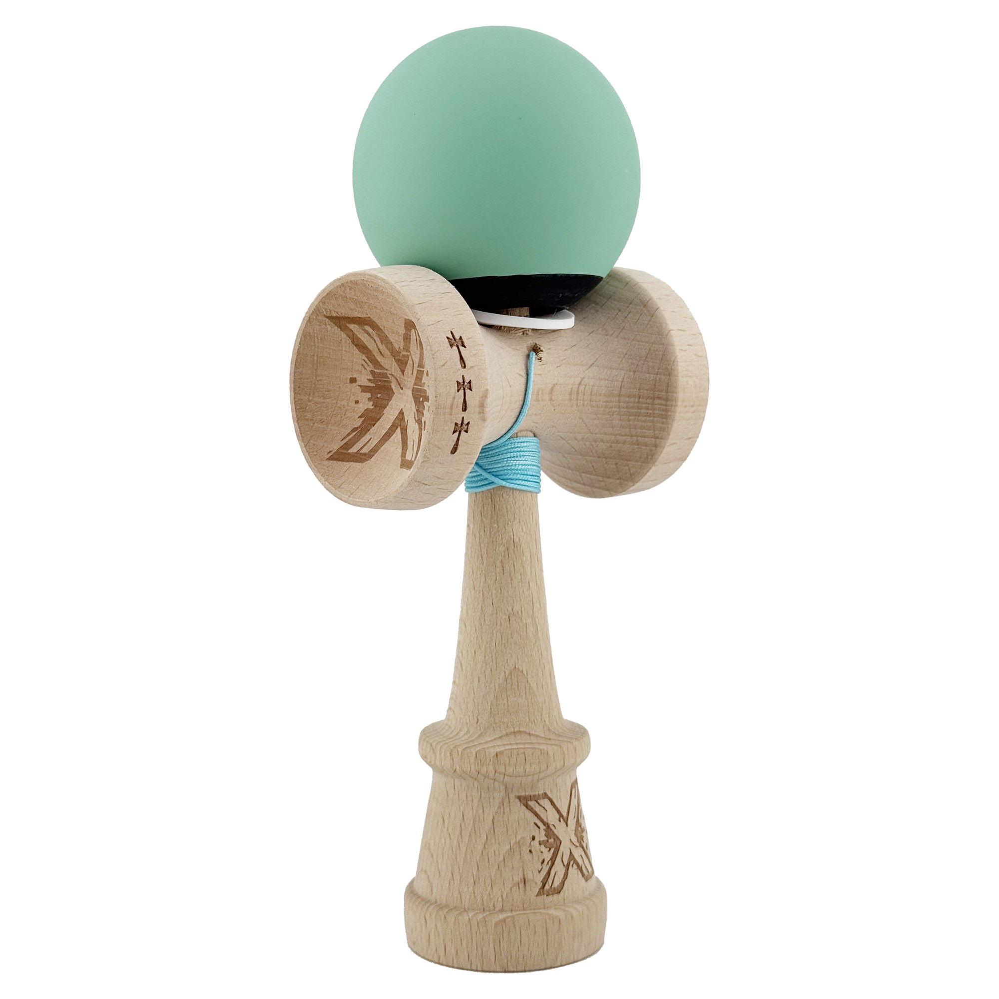 Kendama Rubber Grip V3 Cupe Mari - Kendama X Originala, Profesionala, Flippy, Rubber Grip, Cupe Mari KING SIZE V3, Gaura in Baza, Rulment Metalic, din lemn 18 cm, Ata 62/65 cm, Bicolor Turcoaz/Albastru inchis