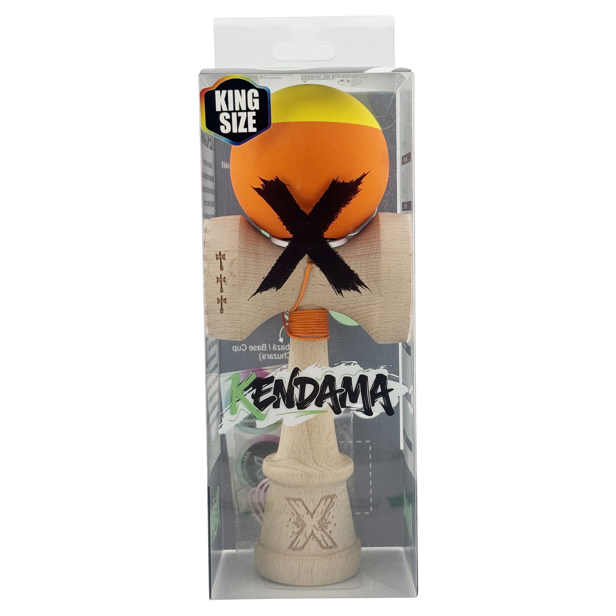 Kendama X Originala, Profesionala, Flippy, Rubber Grip, Cupe Mari KING SIZE V3, Gaura in Baza, Rulment Metalic, din lemn 18 cm, Ata 62/65 cm, Bicolor Galben/Portocaliu [6]