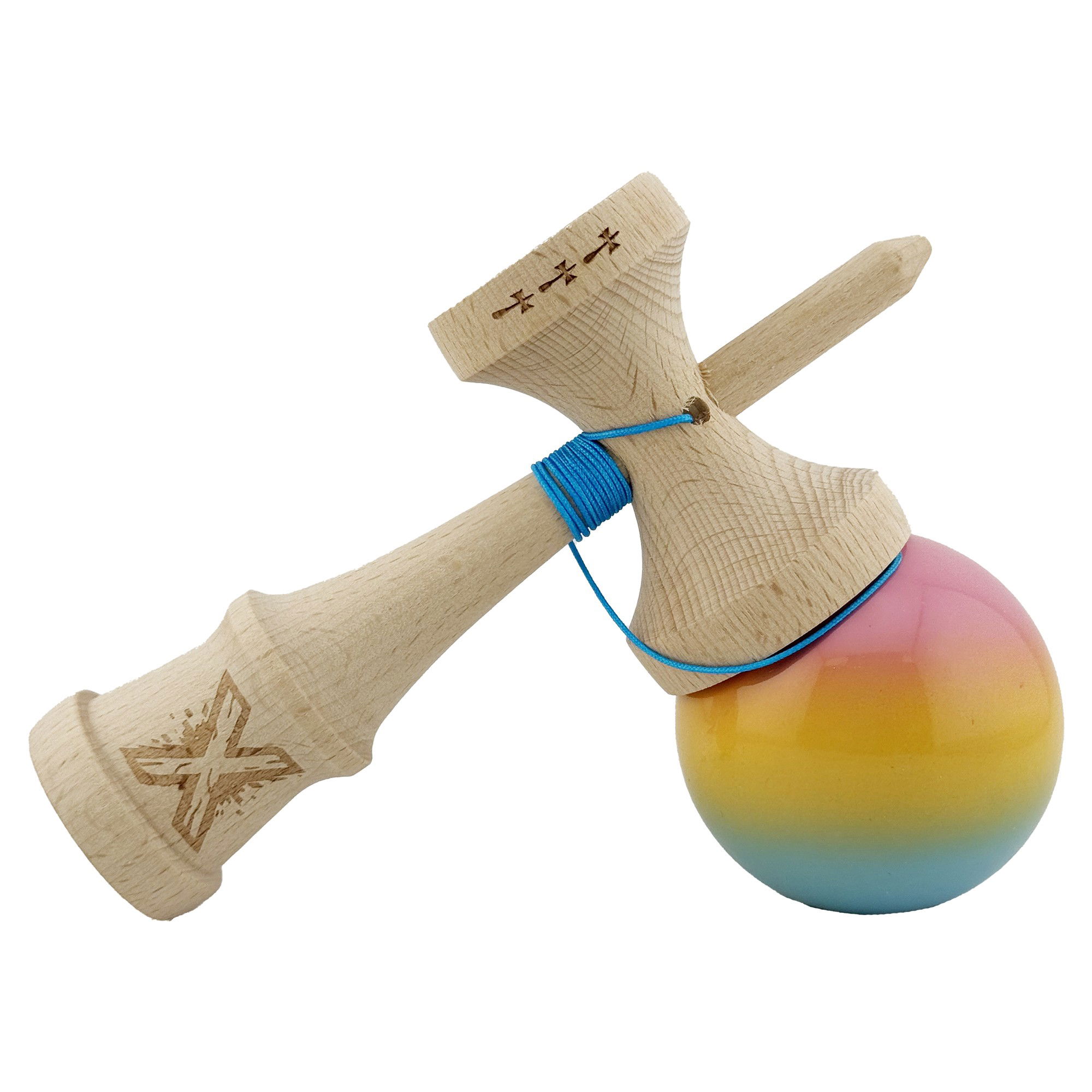 Kendama X Originala, Profesionala, Flippy, Big Cups V2, Super Sticky cu Cupe Mari, din lemn 18 cm, Rulment Metalic cu Ata 55 cm, Roz/Galben/Albastru [4]
