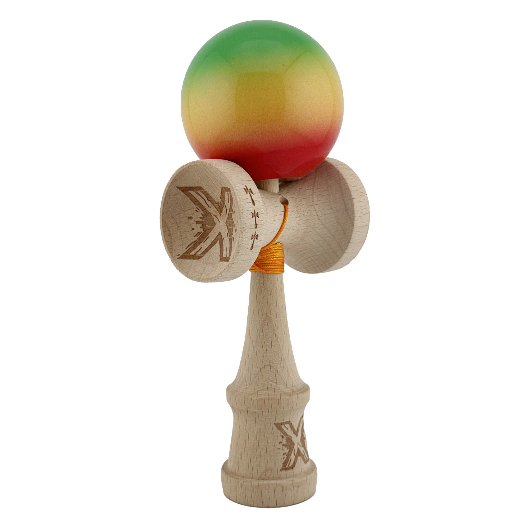 Kendama X Originala, Profesionala, Flippy, Big Cups V2, Super Sticky Cupe Mari, Rulment Metalic cu Ata 55 cm, Verde/Galben/Rosu [9]